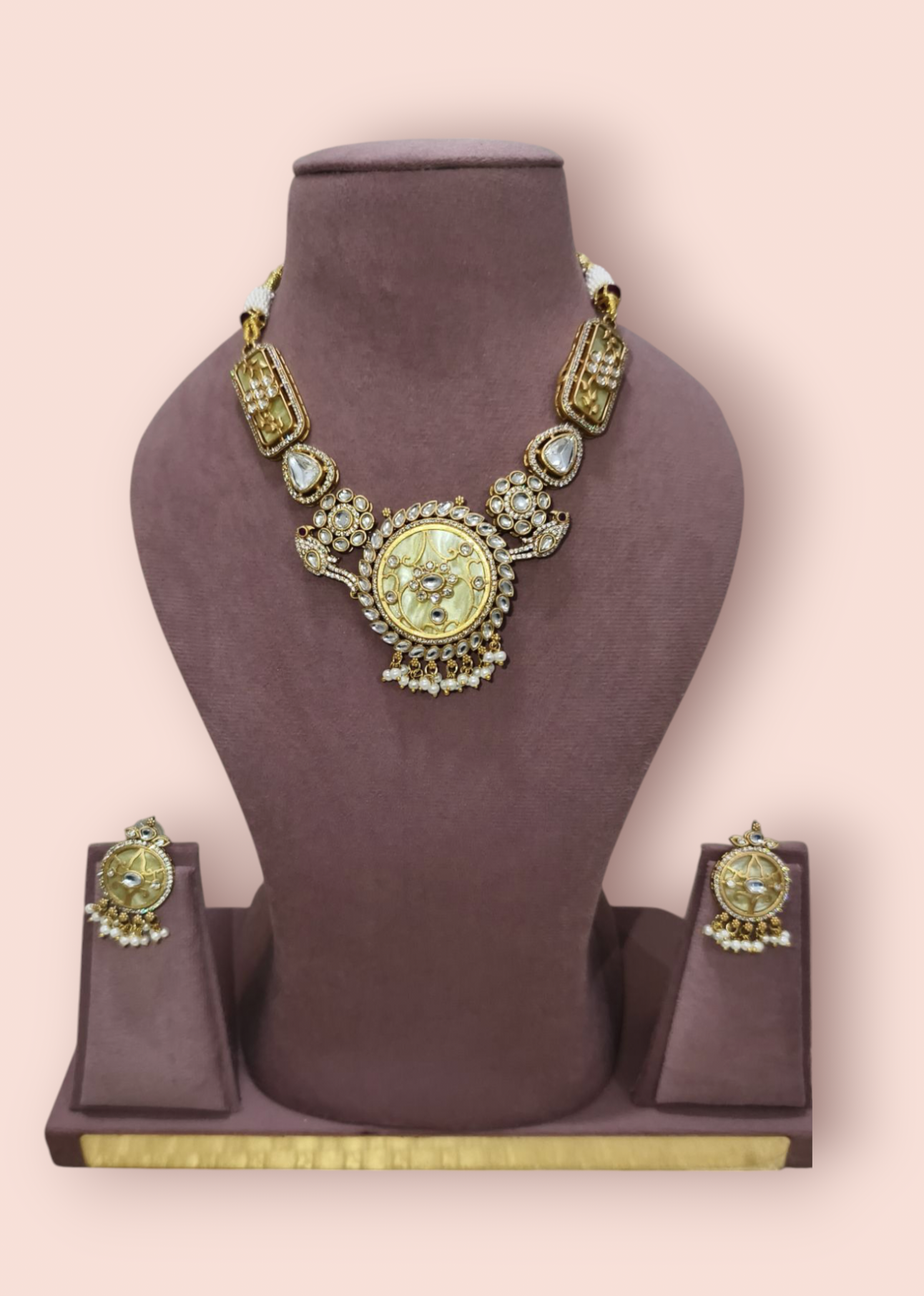 Kundan, MOP, AD stone Fusion Gold Necklace Set