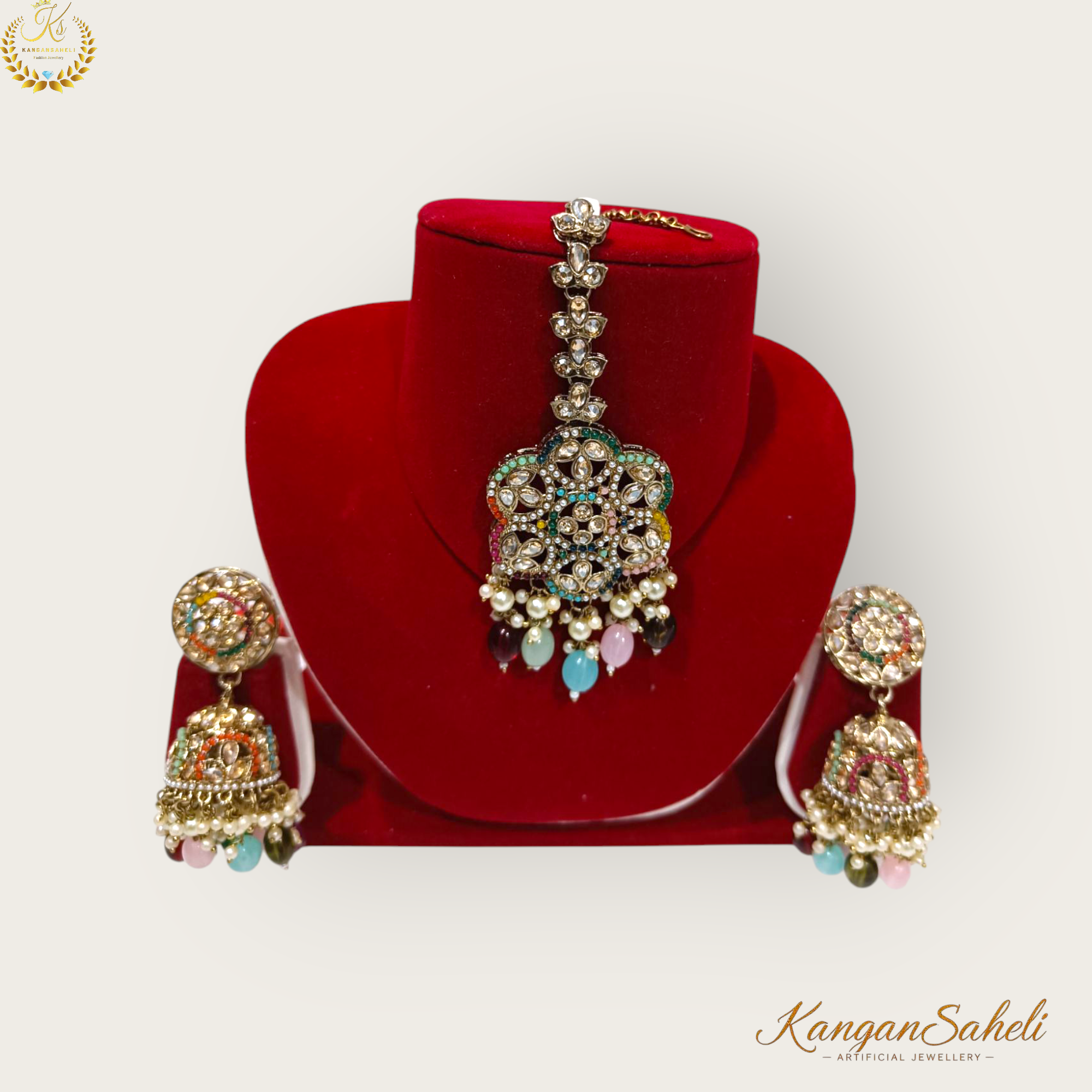 Multi coloured Earrings with Maangteeka 