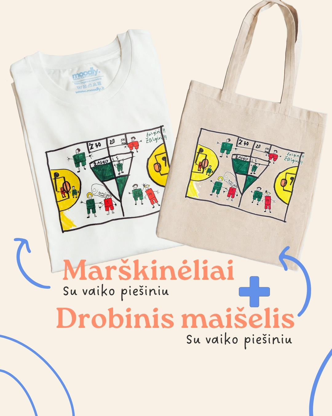Jūsų vaiko piešinys ant marškinėlių + pirkinių maišelis