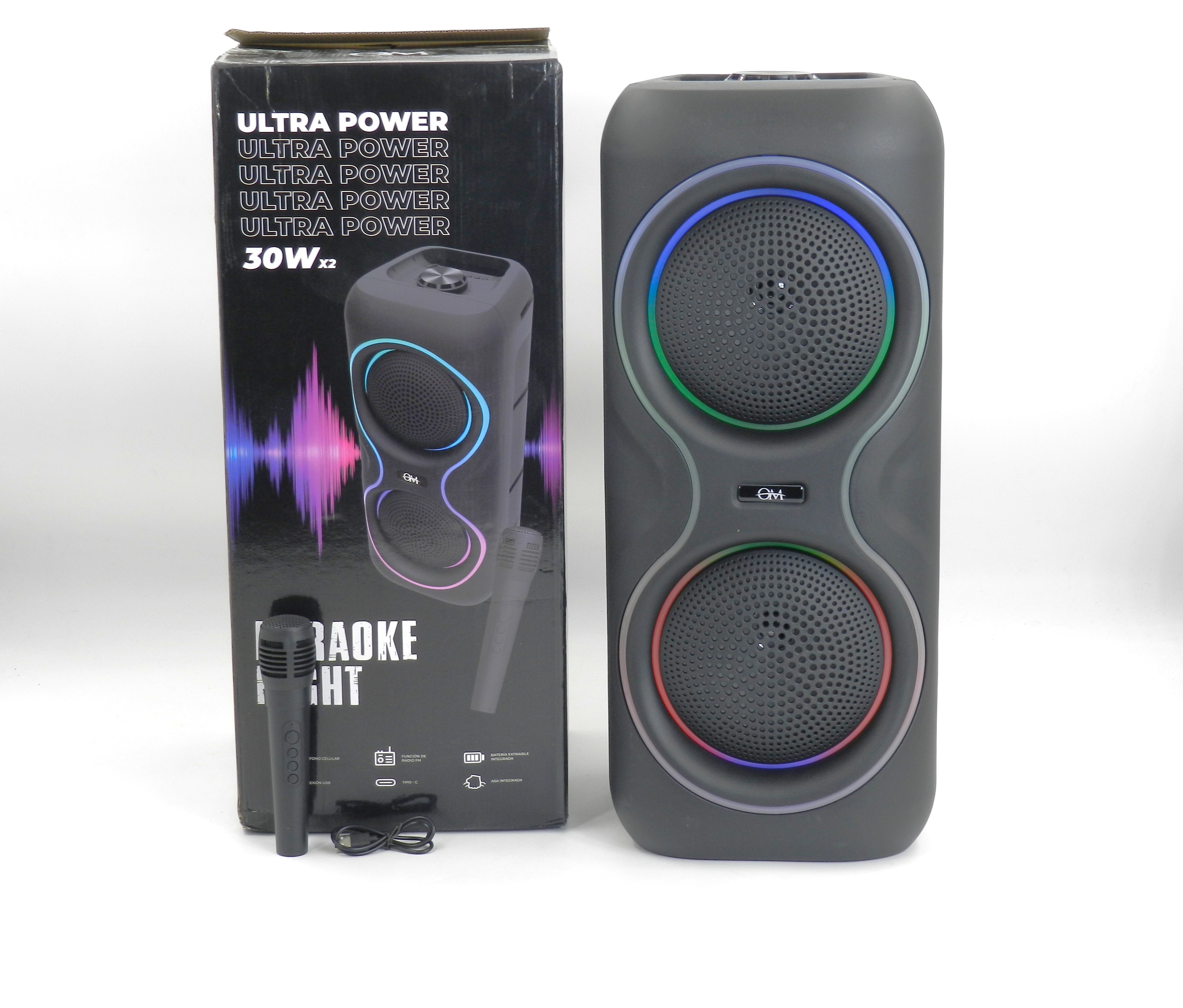 Parlante Portátil OM Ultra Power 60W Doble Woofer + Micrófono