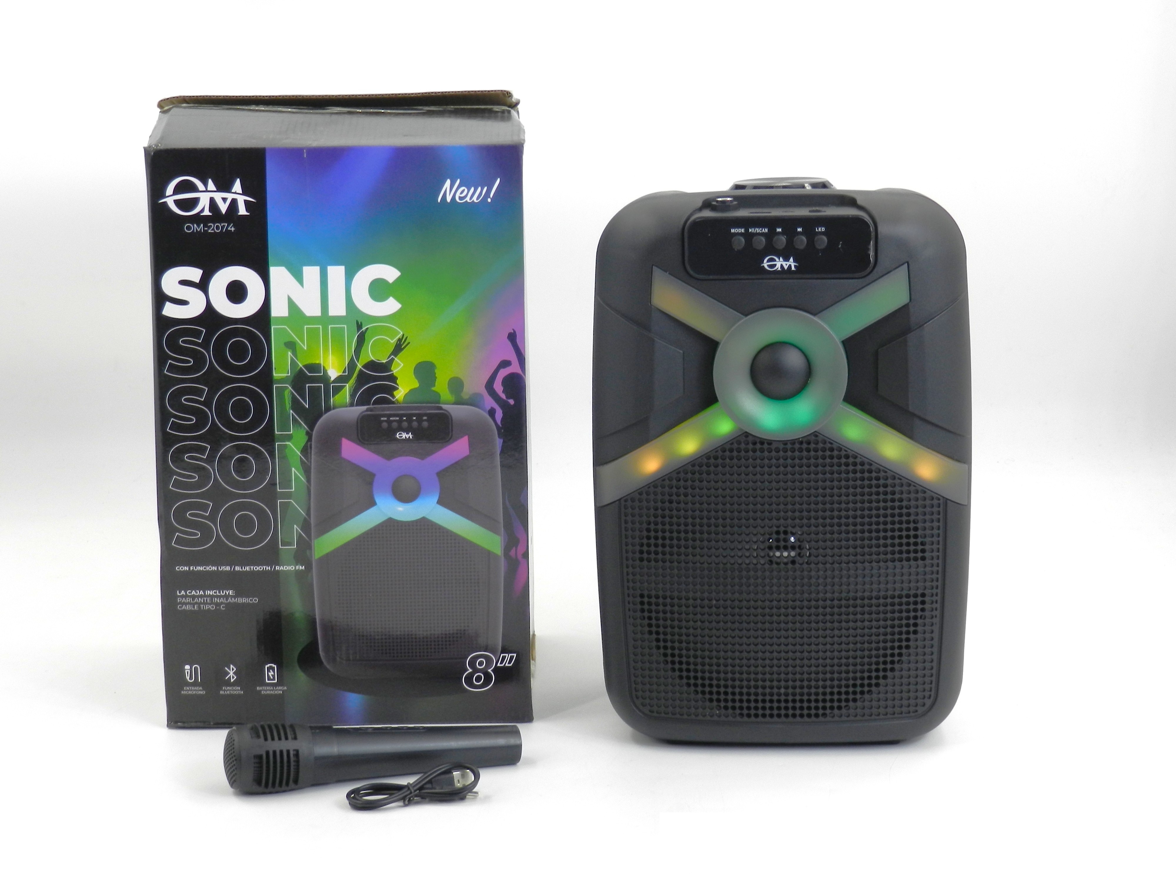 Parlante Portátil OM Sonic 8" Bluetooth Luces LED X + Micrófono