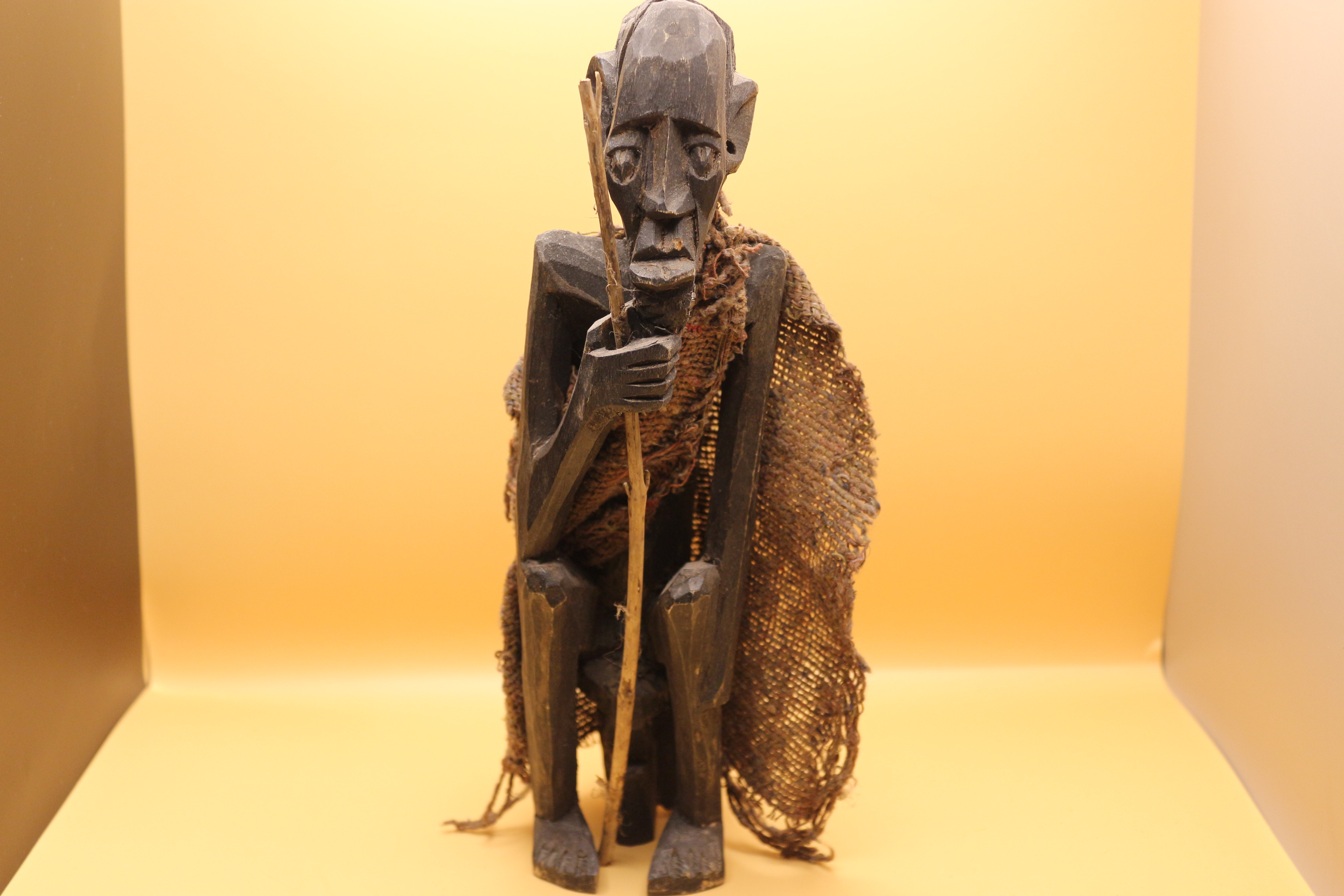 Antique African Hand Carved Wooden Man with Walking Stick.  