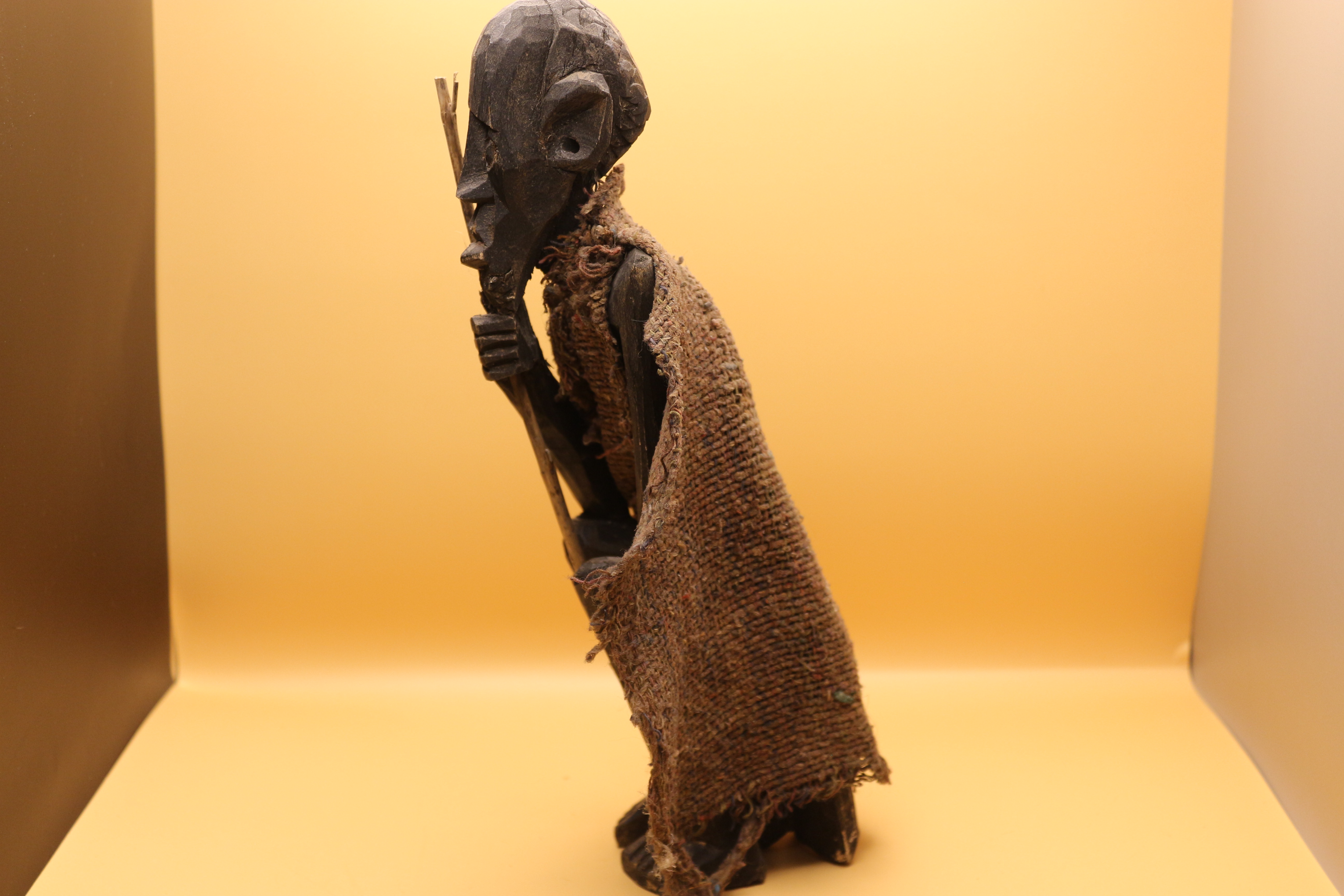 Antique African Hand Carved Wooden Man with Walking Stick.  