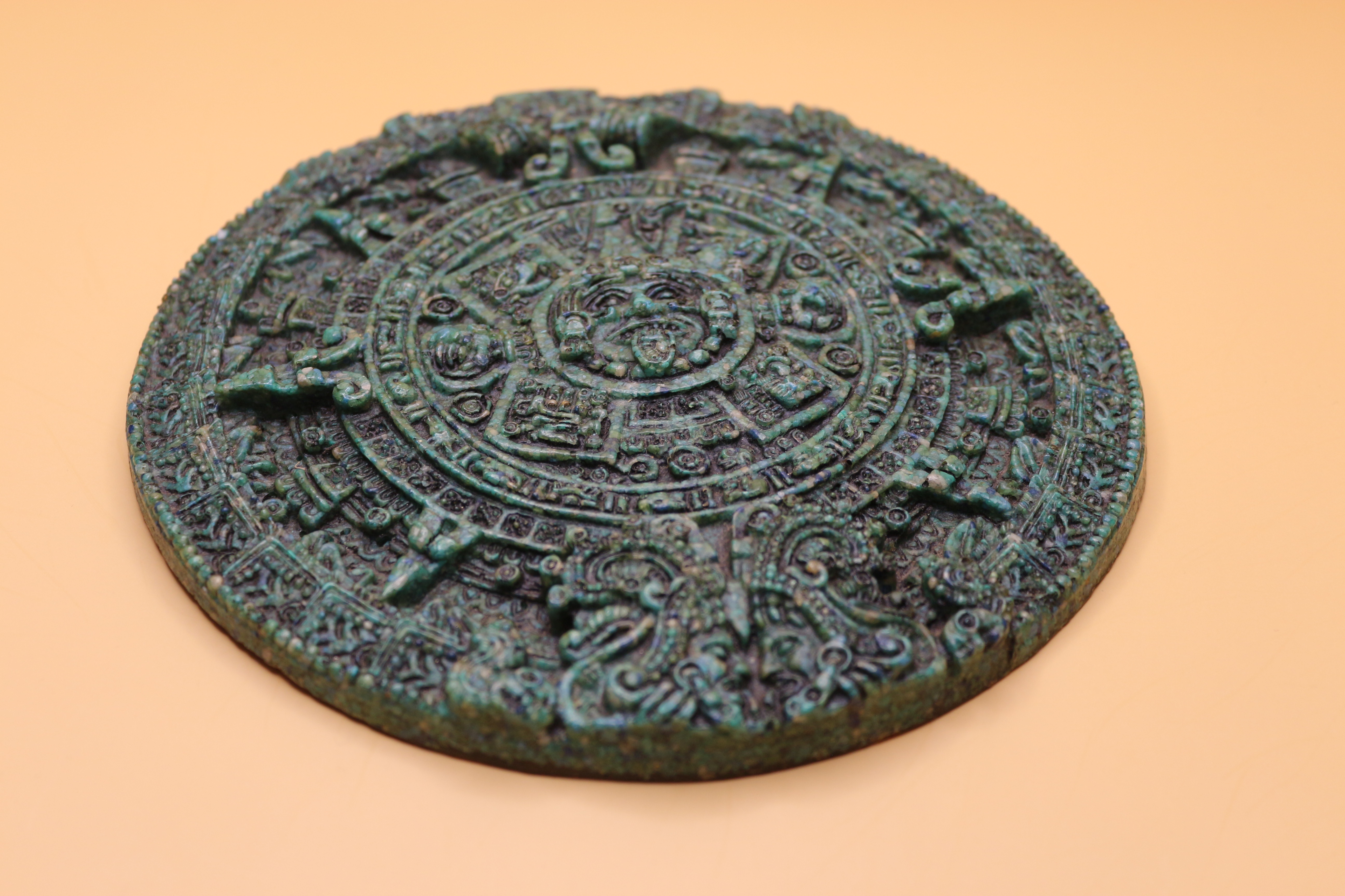 Hand Made in Mexico from Crushed Green Malachite Mosaic Stone Vintage Aztec Calendar Mandala 6.75" Diameter Wall Hanging 1960's