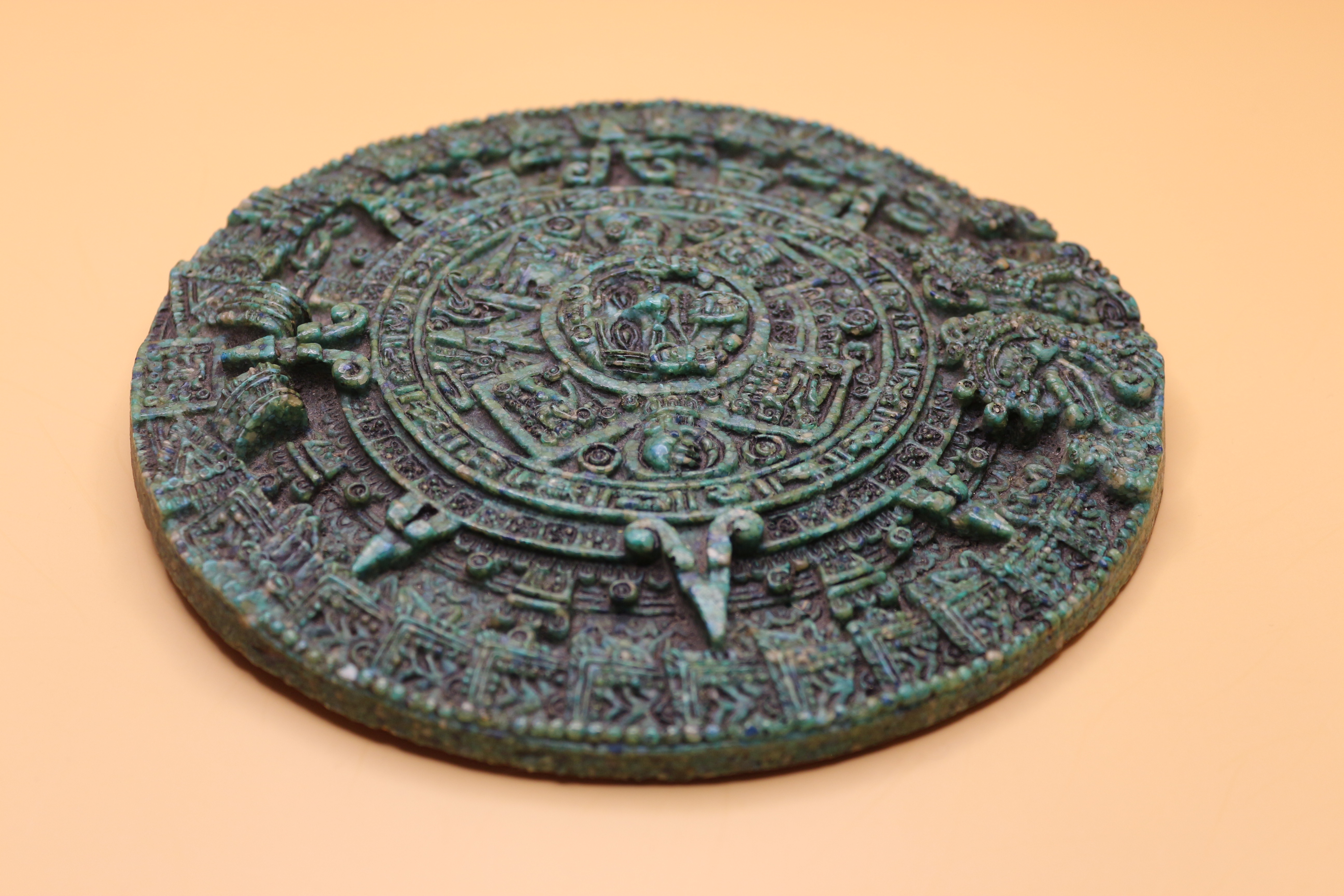 Hand Made in Mexico from Crushed Green Malachite Mosaic Stone Vintage Aztec Calendar Mandala 6.75" Diameter Wall Hanging 1960's