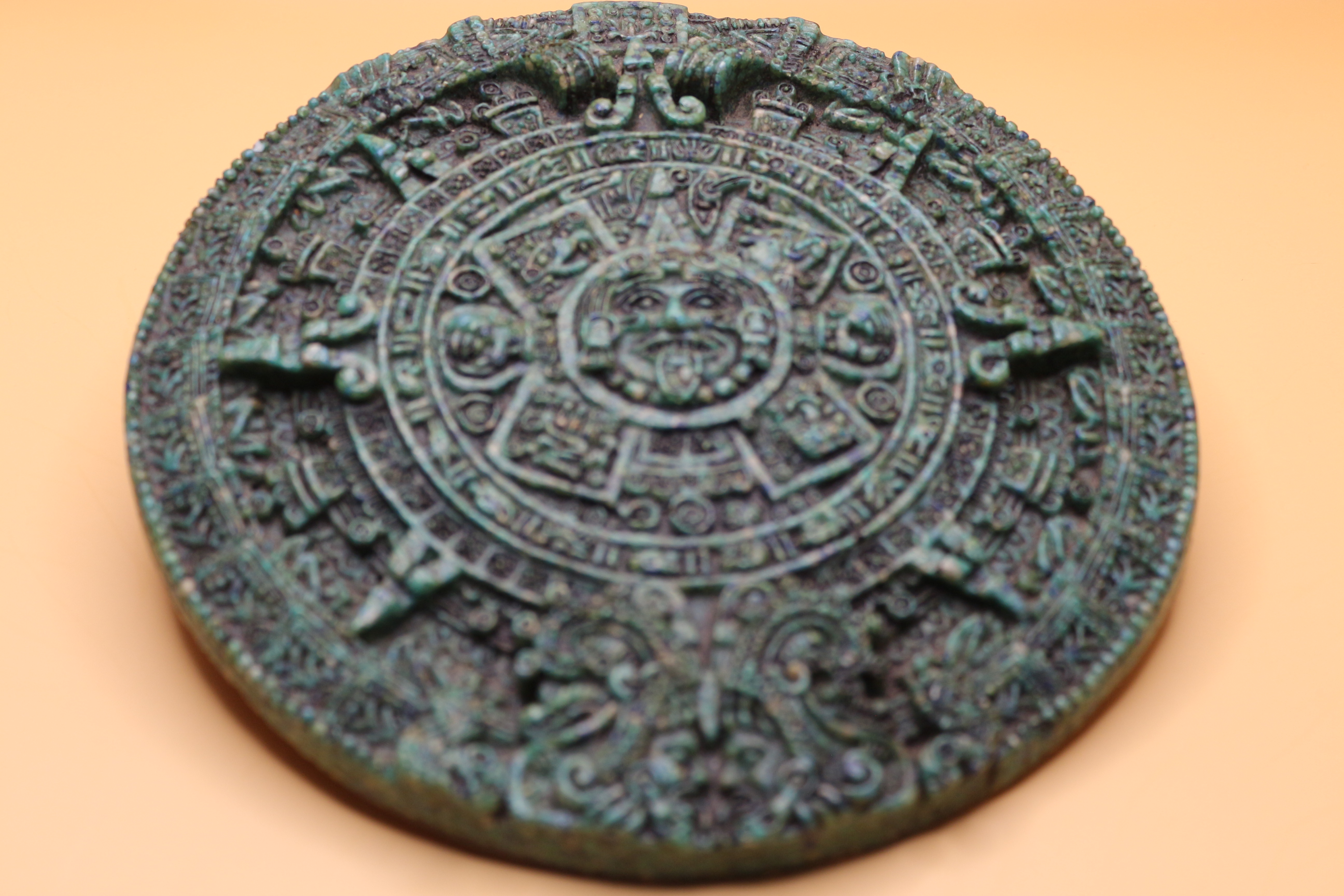 Hand Made in Mexico from Crushed Green Malachite Mosaic Stone Vintage Aztec Calendar Mandala 6.75" Diameter Wall Hanging 1960's