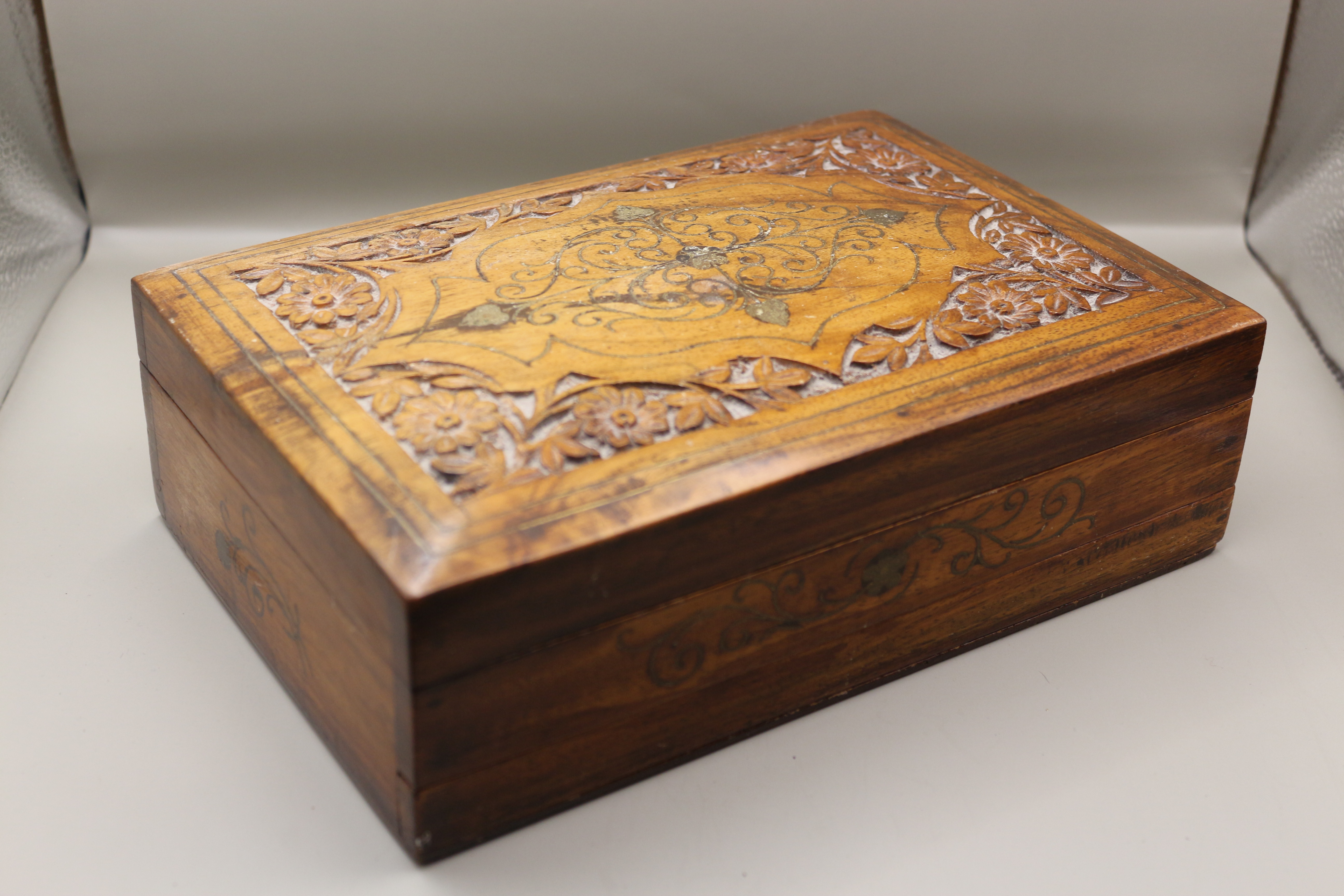 Very Old Hand Carved Wooden Jewellery Box with Secret Lock!