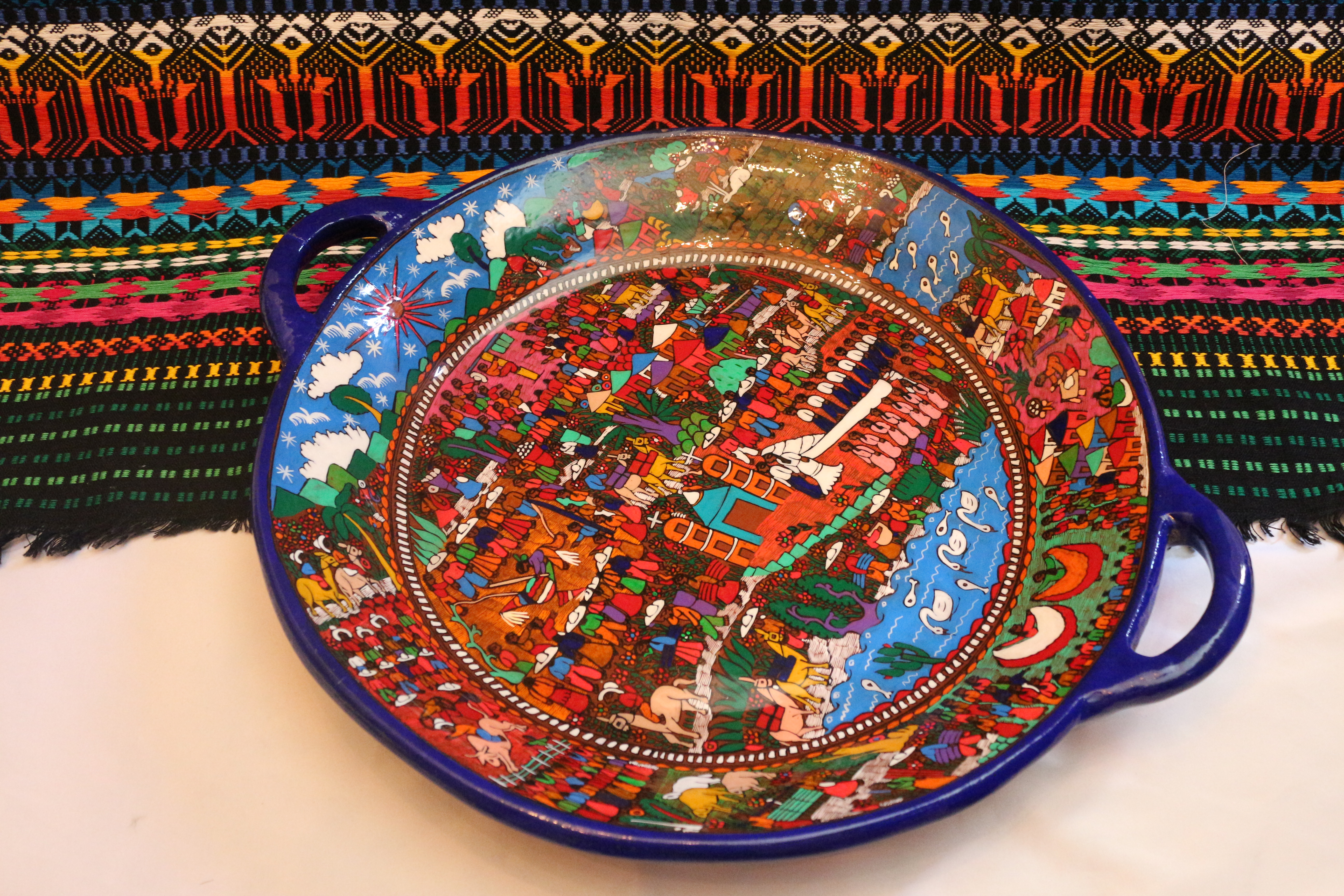 Genuine Original Mexican Talavera Hand Painted Bowl with matching Hand Sewn Rug