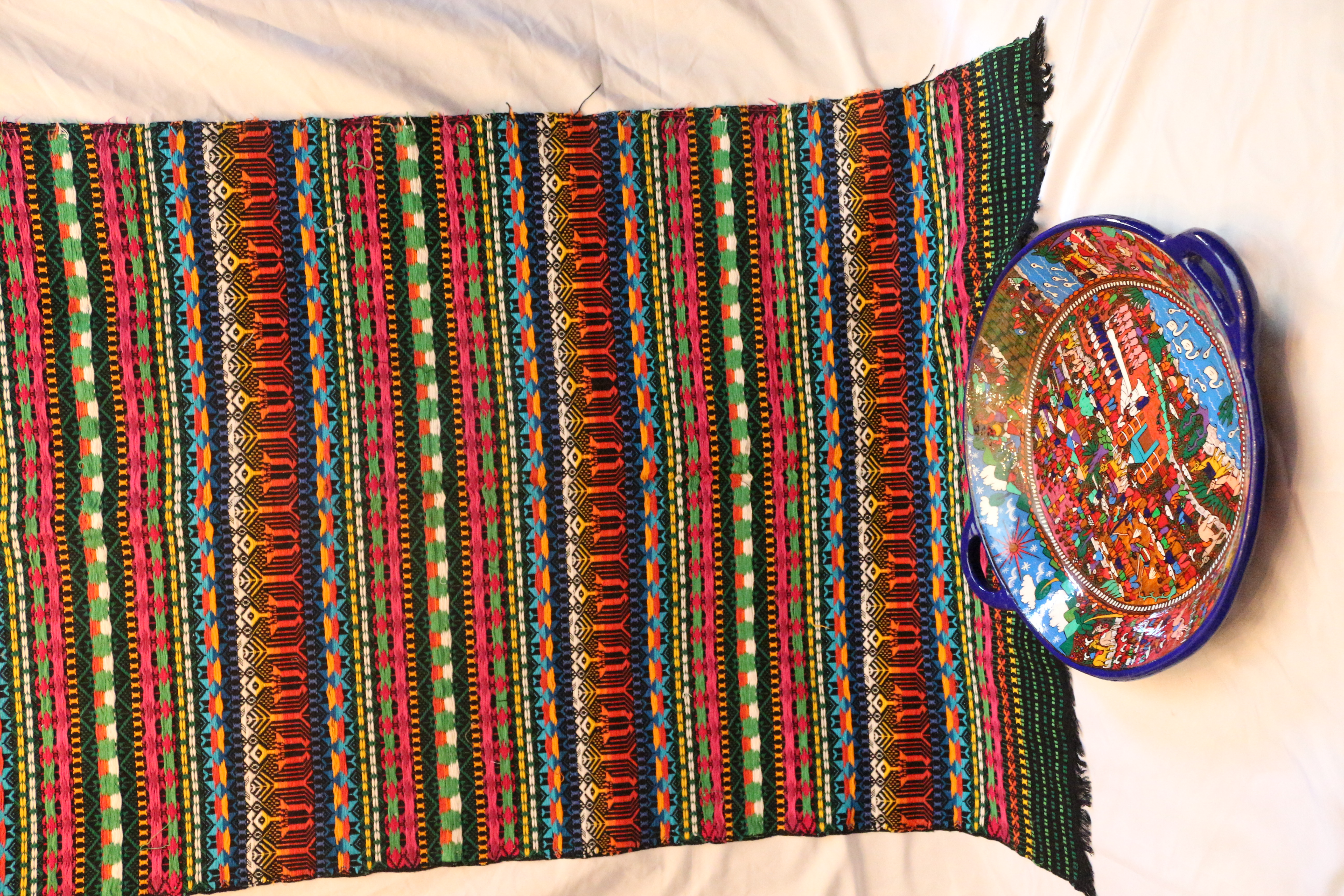 Genuine Original Mexican Talavera Hand Painted Bowl with matching Hand Sewn Rug