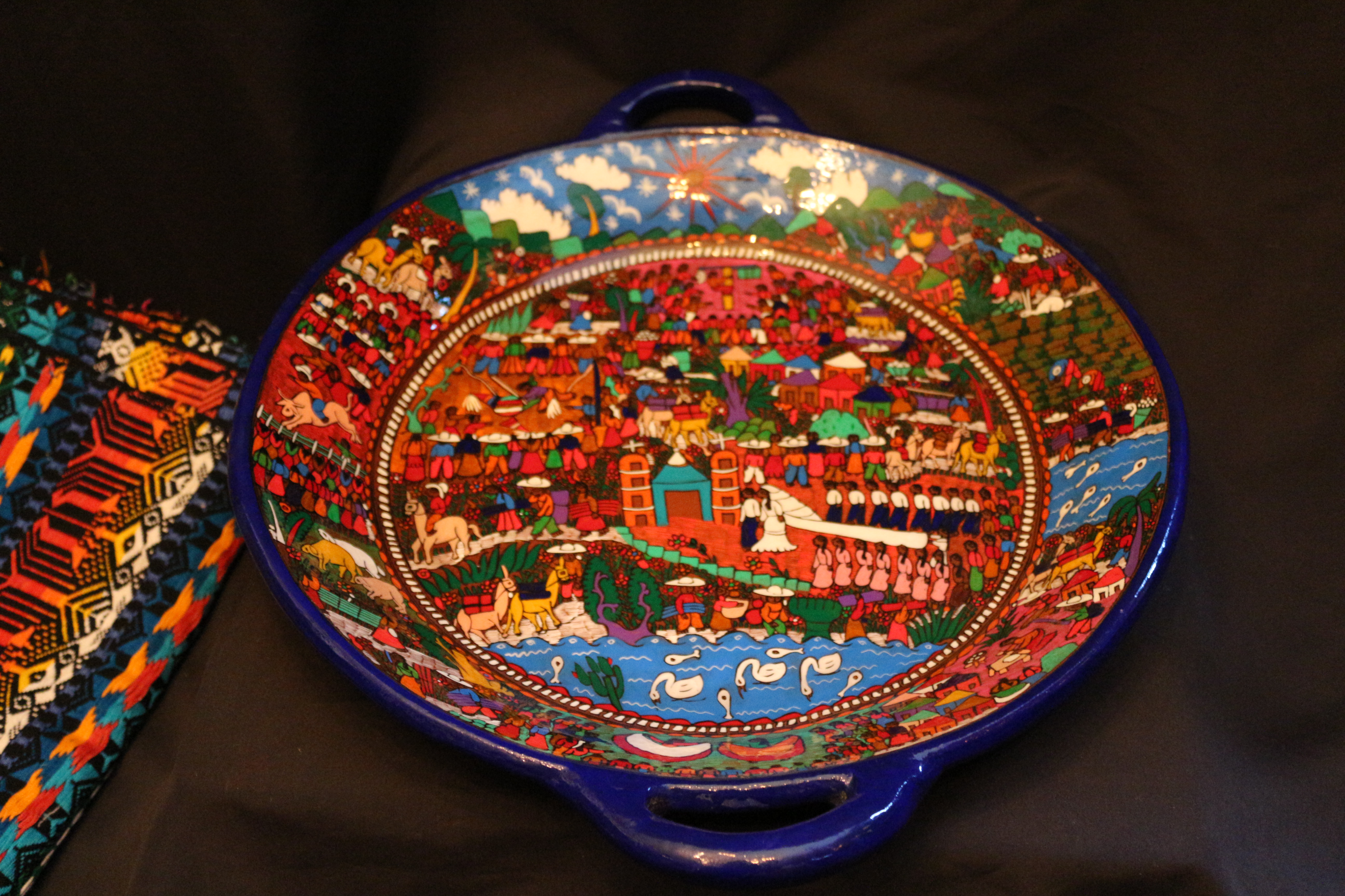 Genuine Original Mexican Talavera Hand Painted Bowl with matching Hand Sewn Rug