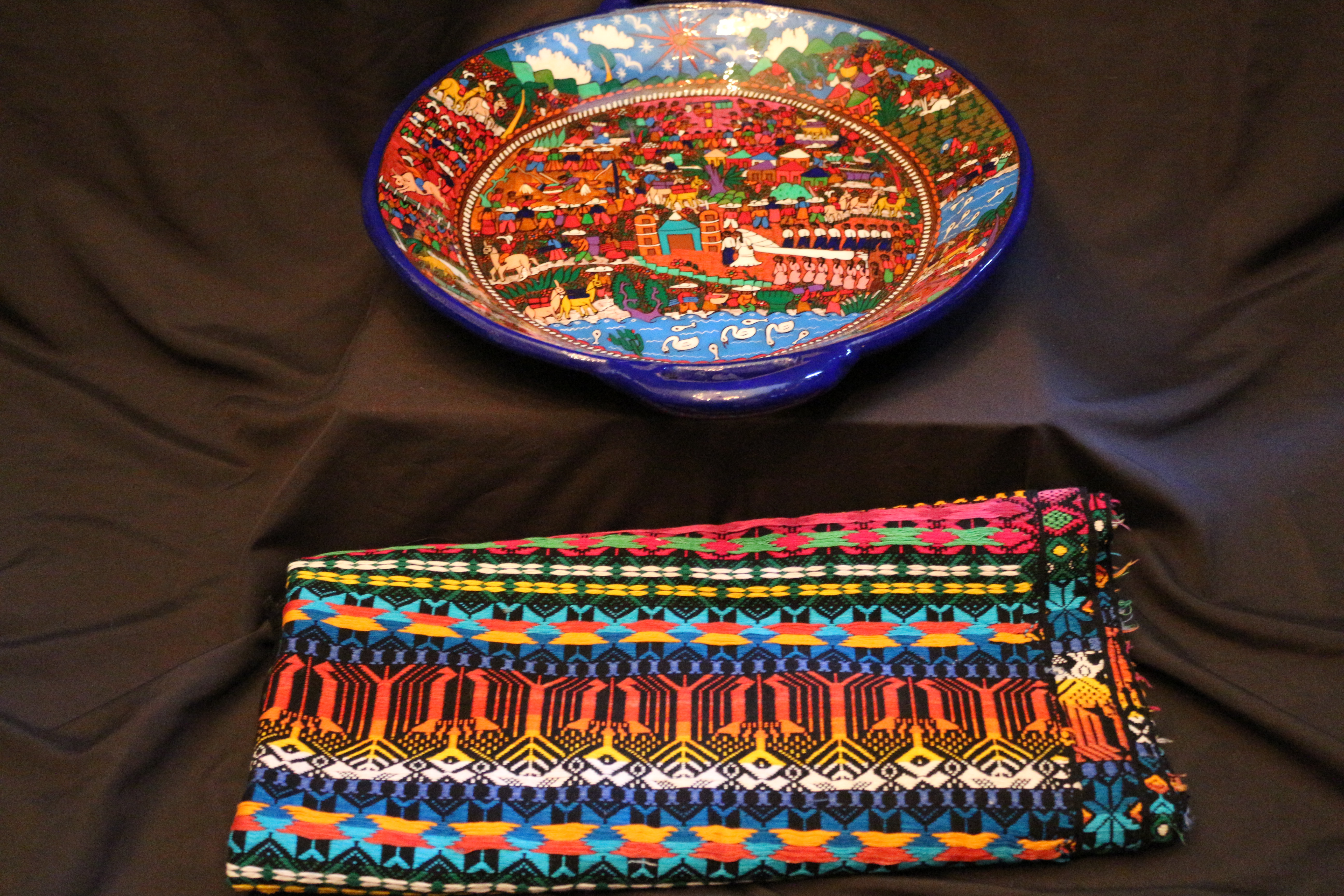 Genuine Original Mexican Talavera Hand Painted Bowl with matching Hand Sewn Rug