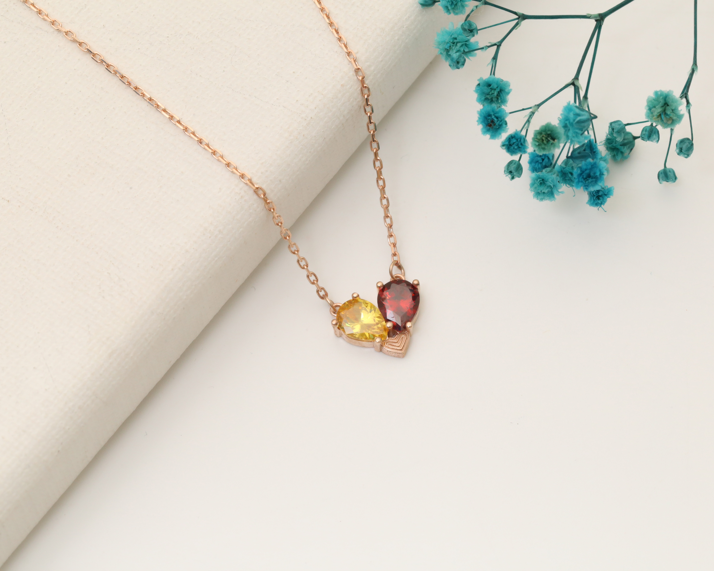 Valentines Birthstone Matching Heart Necklace, Lovers Gemstones Necklace