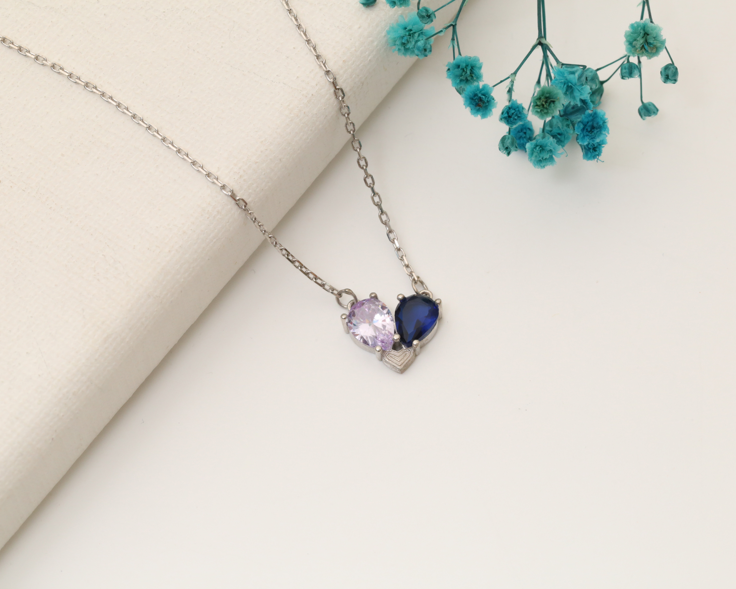 Valentines Birthstone Matching Heart Necklace, Lovers Gemstones Necklace