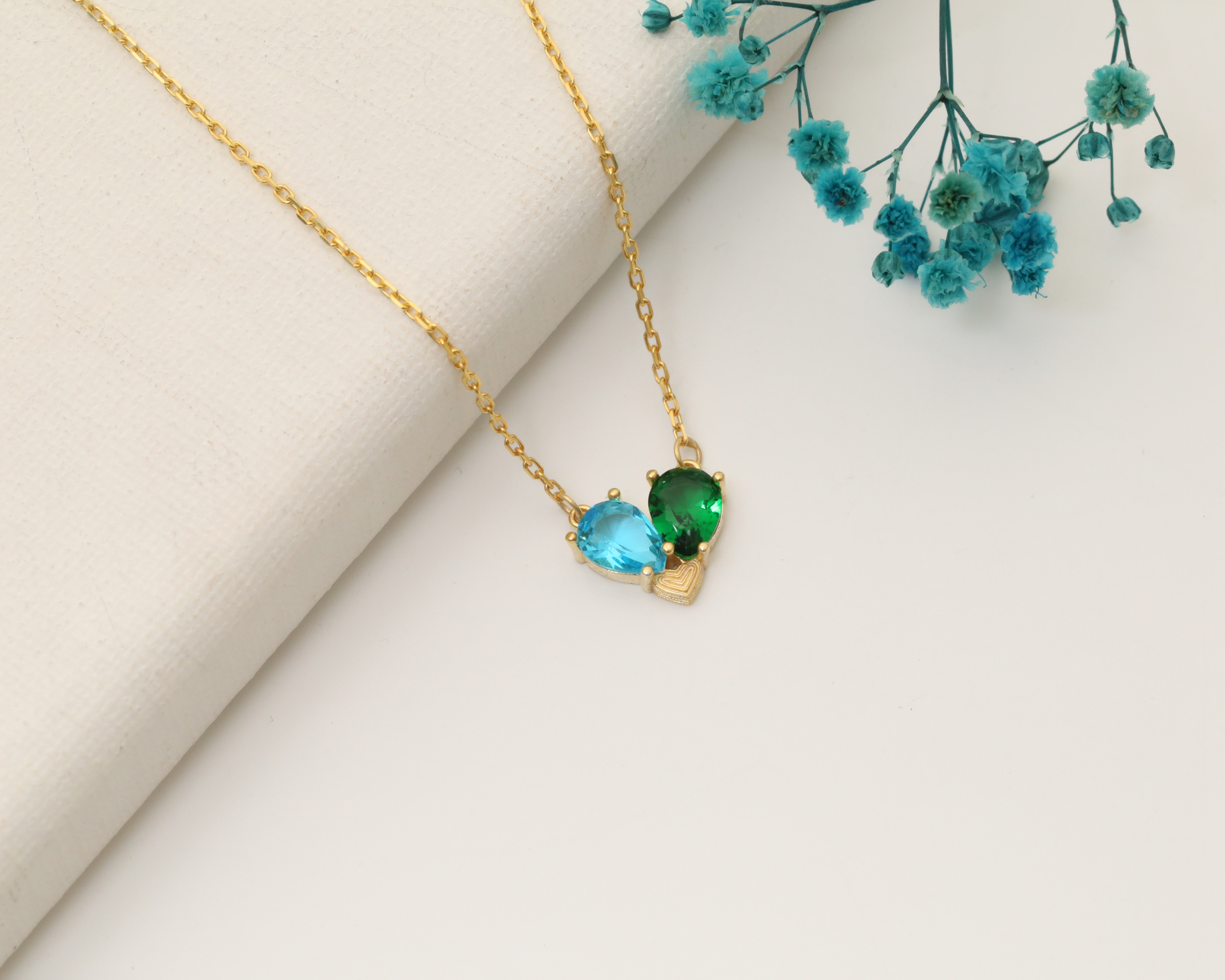 Valentines Birthstone Matching Heart Necklace, Lovers Gemstones Necklace