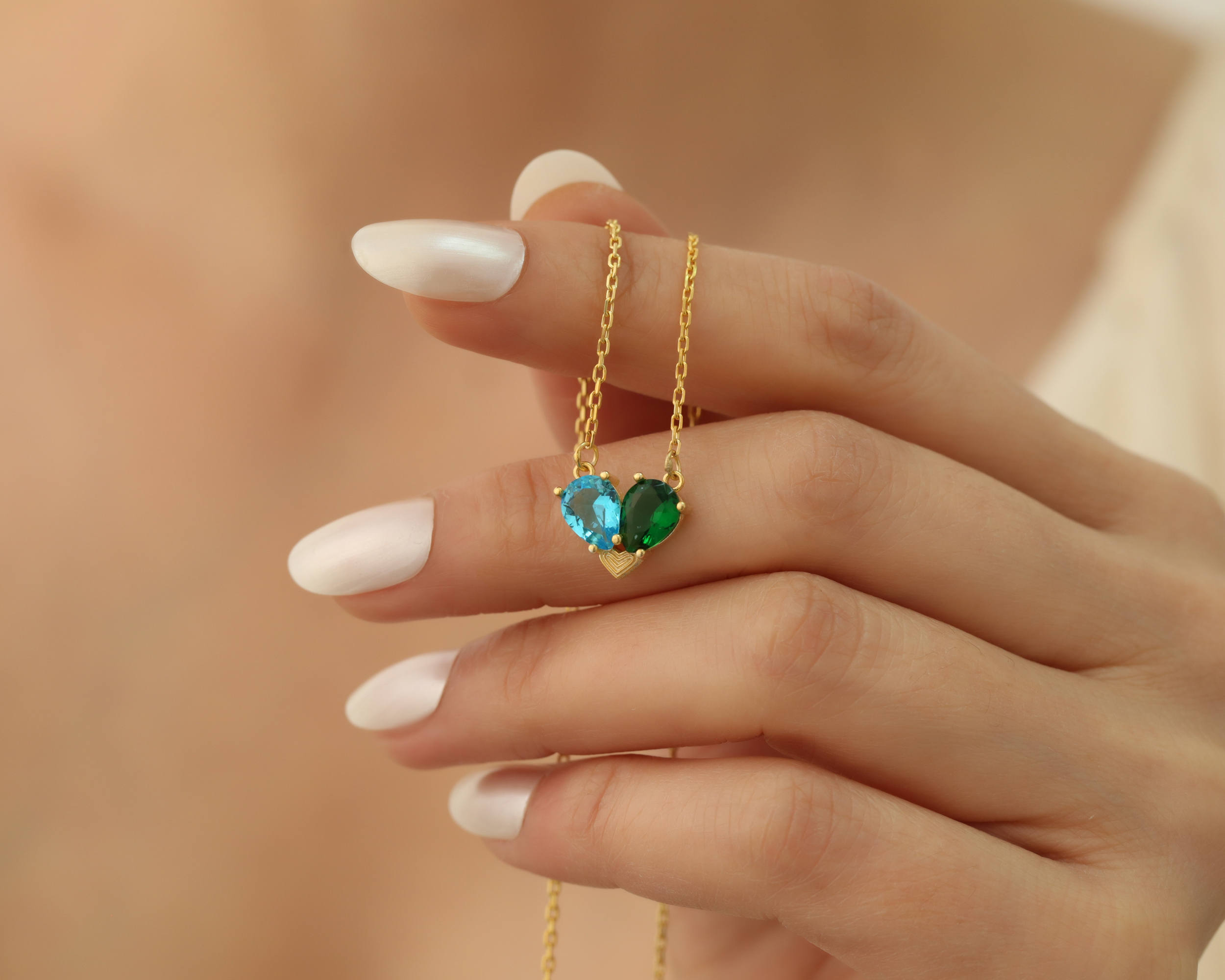 Valentines Birthstone Matching Heart Necklace, Lovers Gemstones Necklace