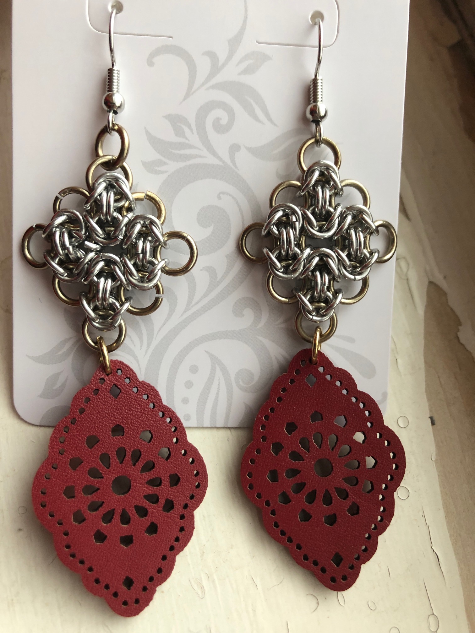 Byzantine Chainmaille and Faux Leather Earrings