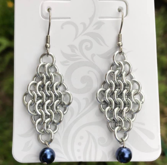 Blue Beaded ChainmailleDiamond-Shaped Earrings