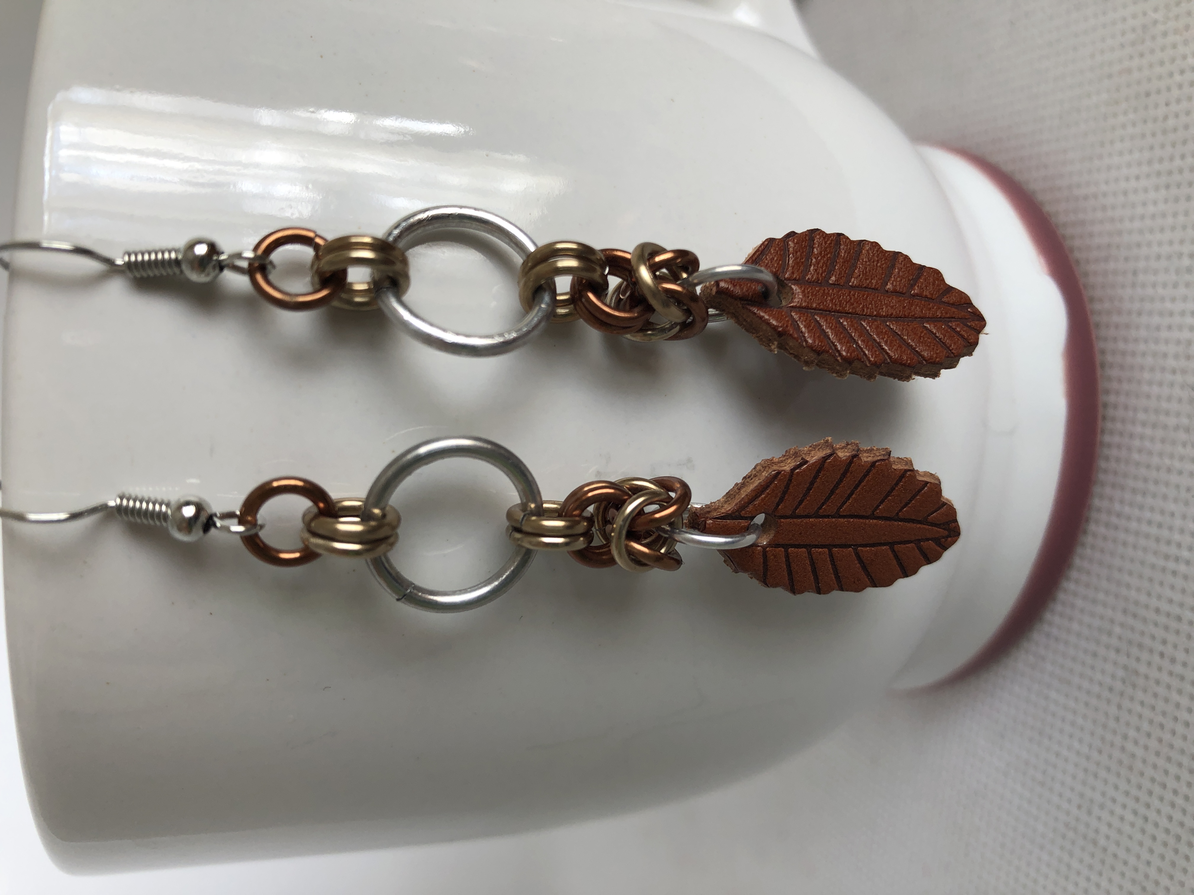 Autumn Leaves Chainmaille and Faux Leather Earrings