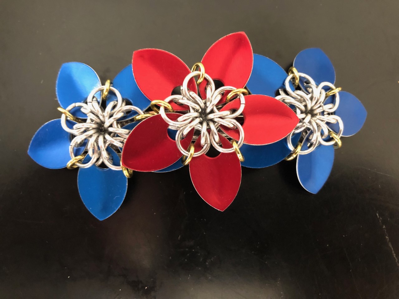 Chainmaille Red and Blue Flower Large Barrette