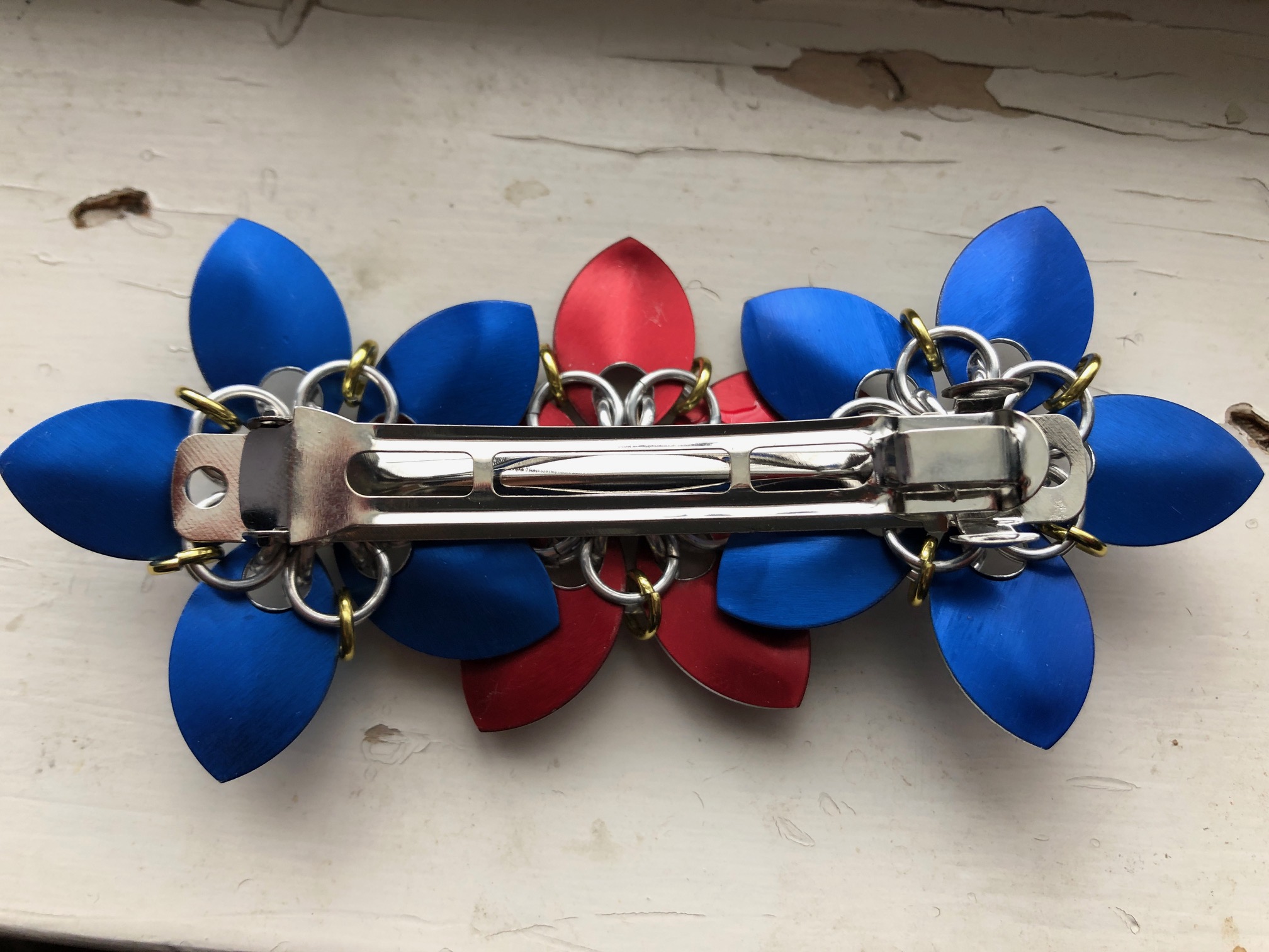 Chainmaille Red and Blue Flower Large Barrette