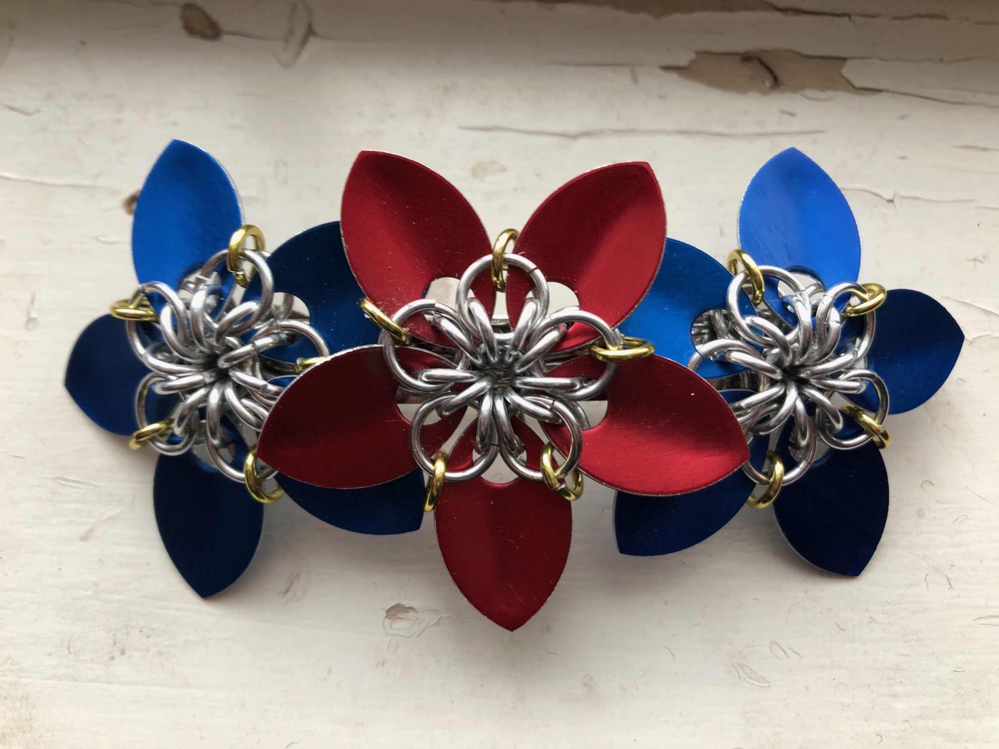 Chainmaille Red and Blue Flower Large Barrette