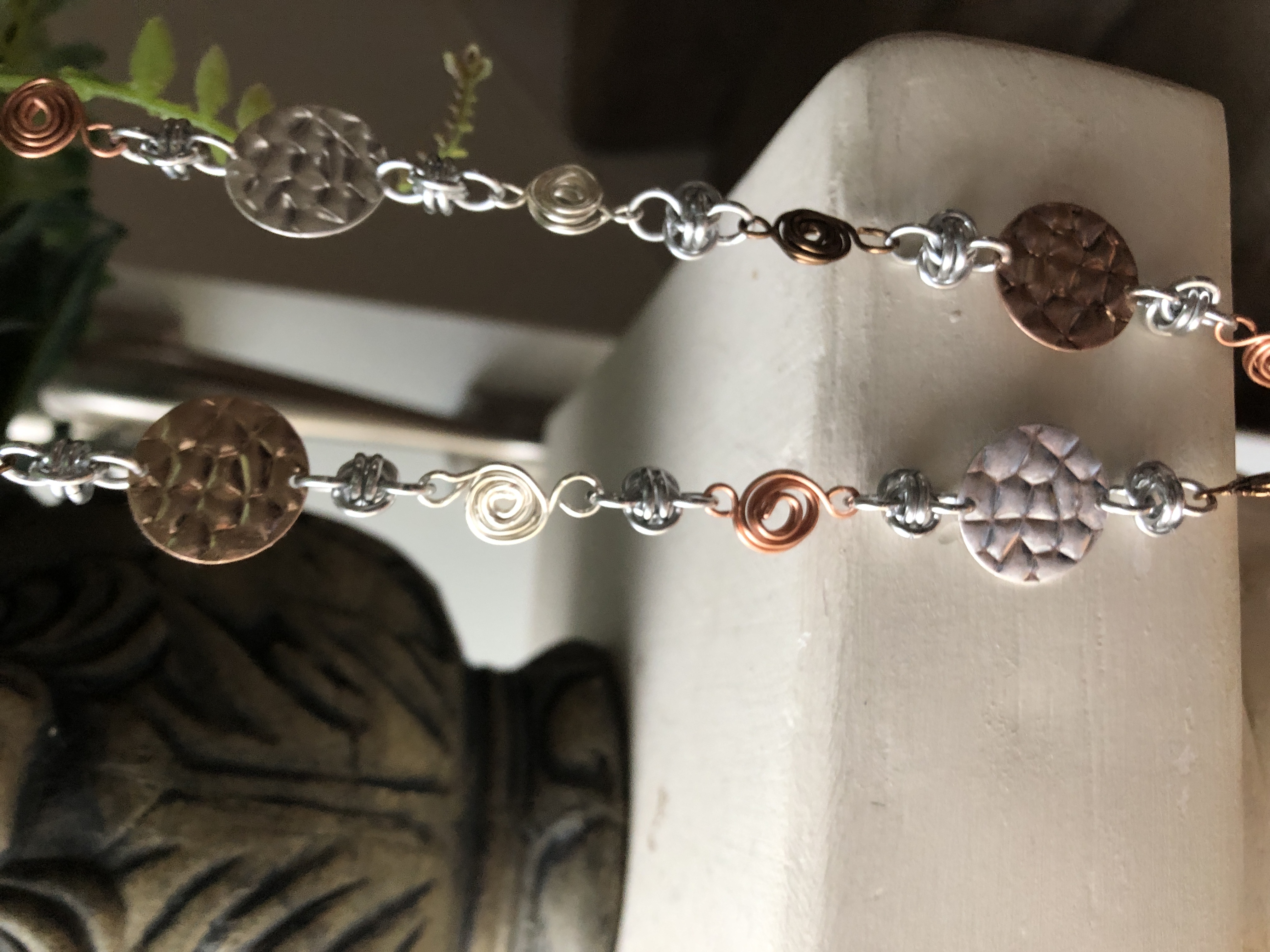 Chainmaille & Wire Hammered Disc Necklace, 21"