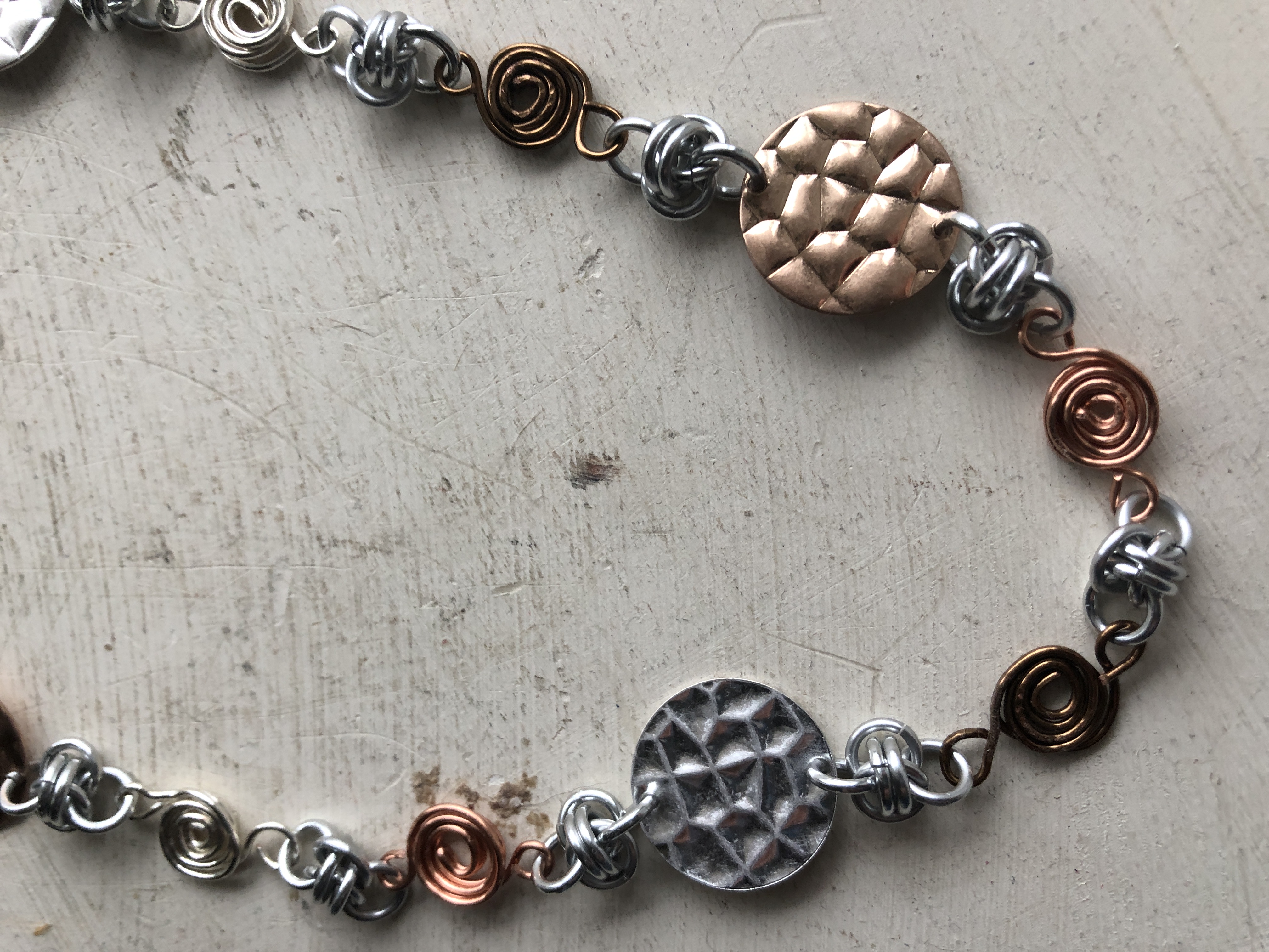 Chainmaille & Wire Hammered Disc Necklace, 21"