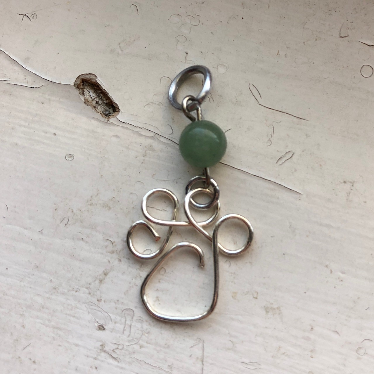 Silver Wire Paw Charm with Jade Bead