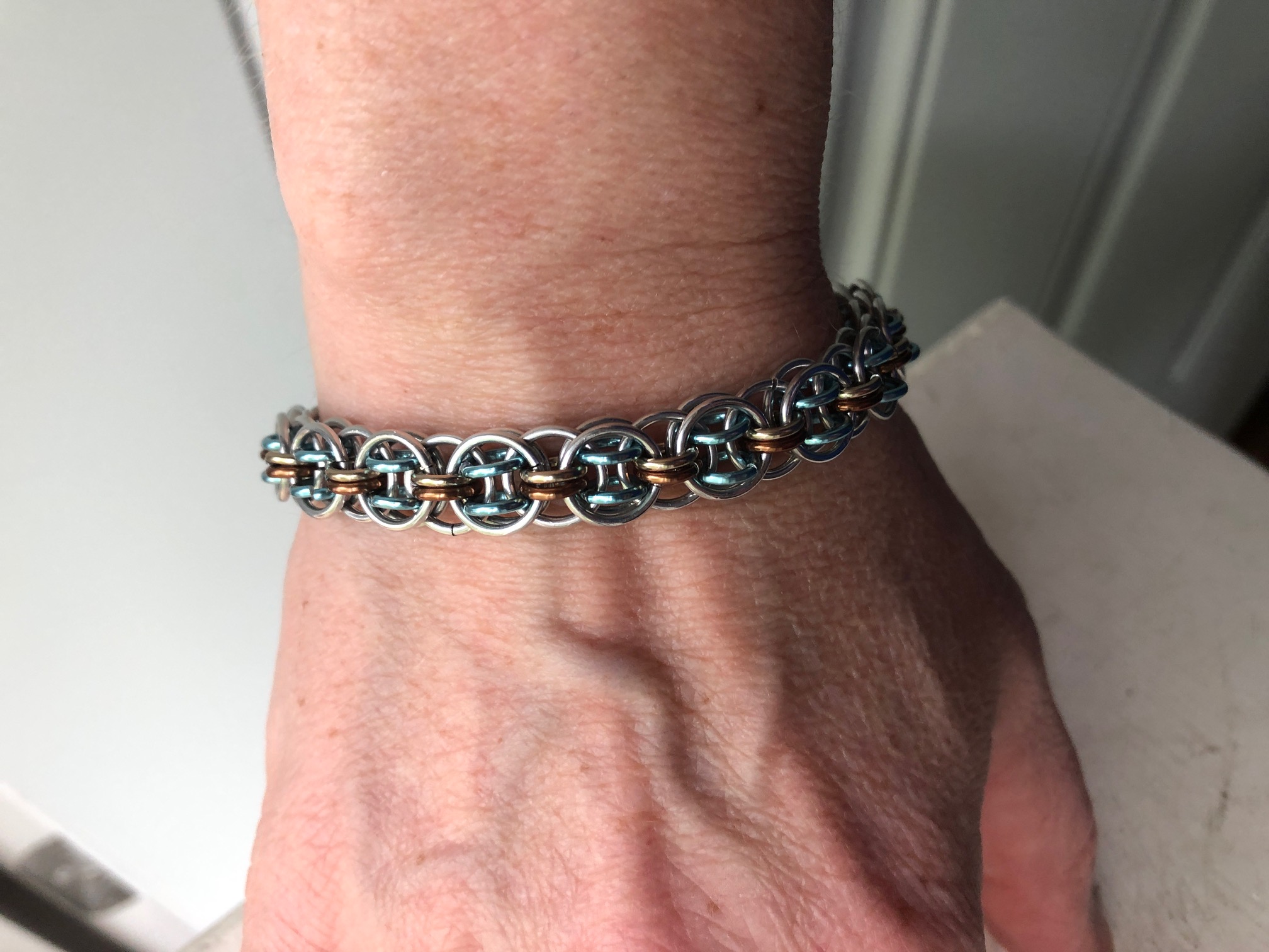 Silver, Sky Blue, and Bronze Chainmaille Bracelet