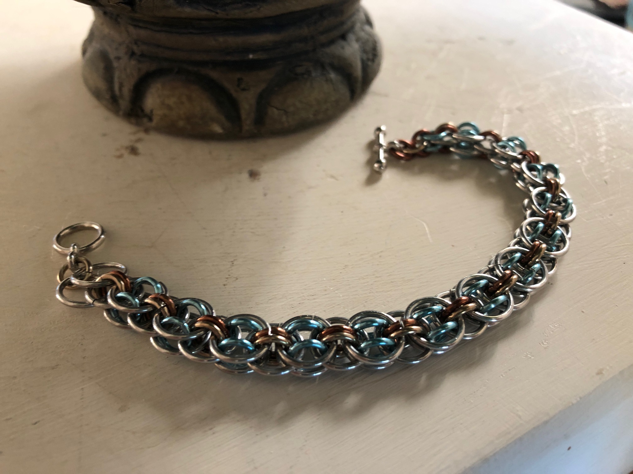 Silver, Sky Blue, and Bronze Chainmaille Bracelet