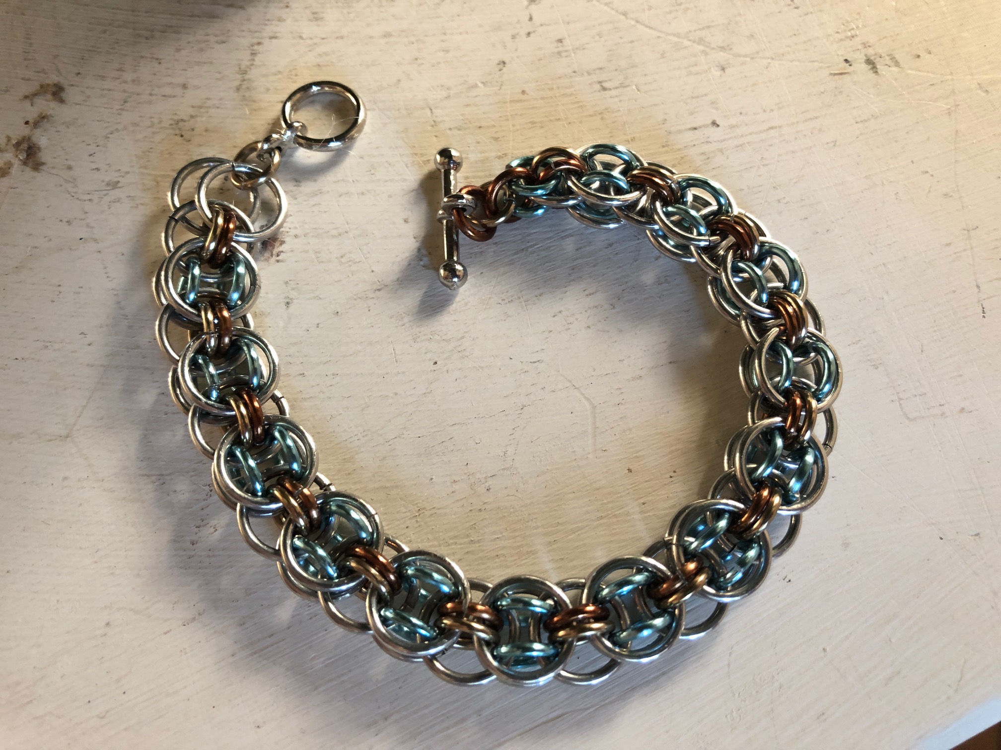 Silver, Sky Blue, and Bronze Chainmaille Bracelet