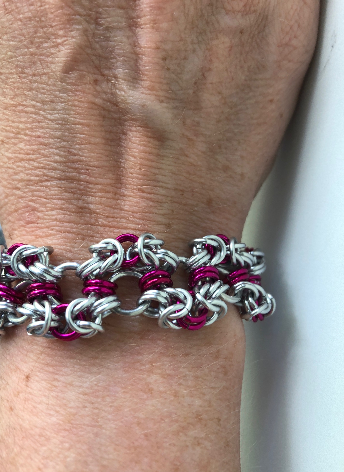Pink and Silver Byzantine Lace Chainmaille Bracelet
