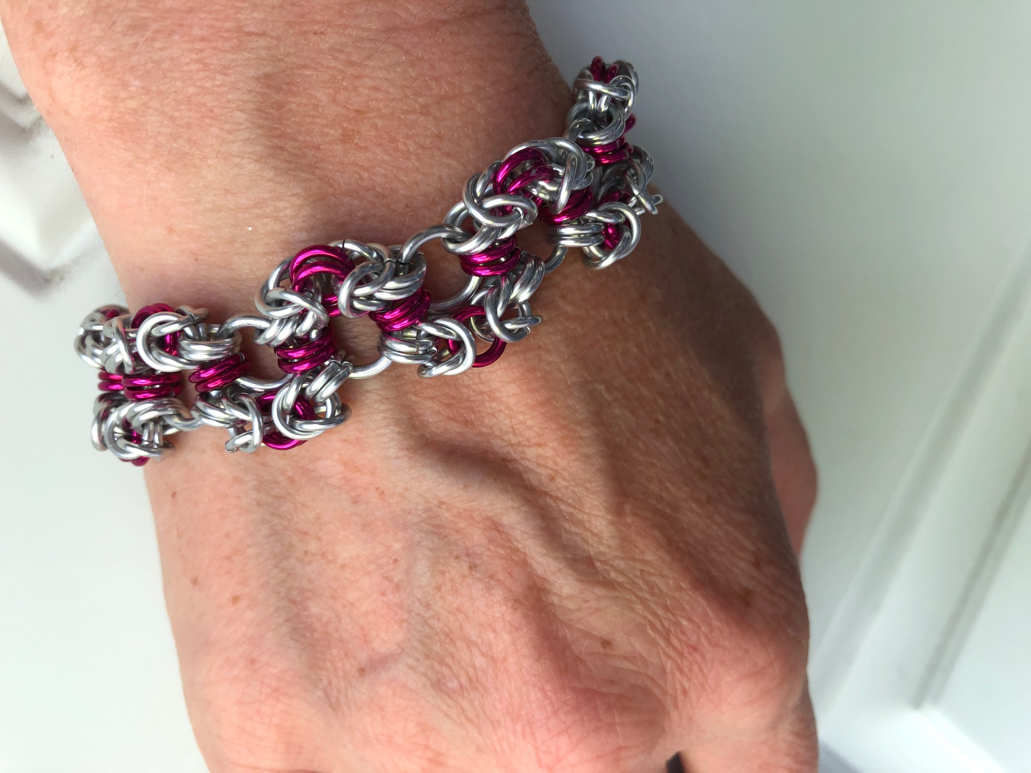 Pink and Silver Byzantine Lace Chainmaille Bracelet
