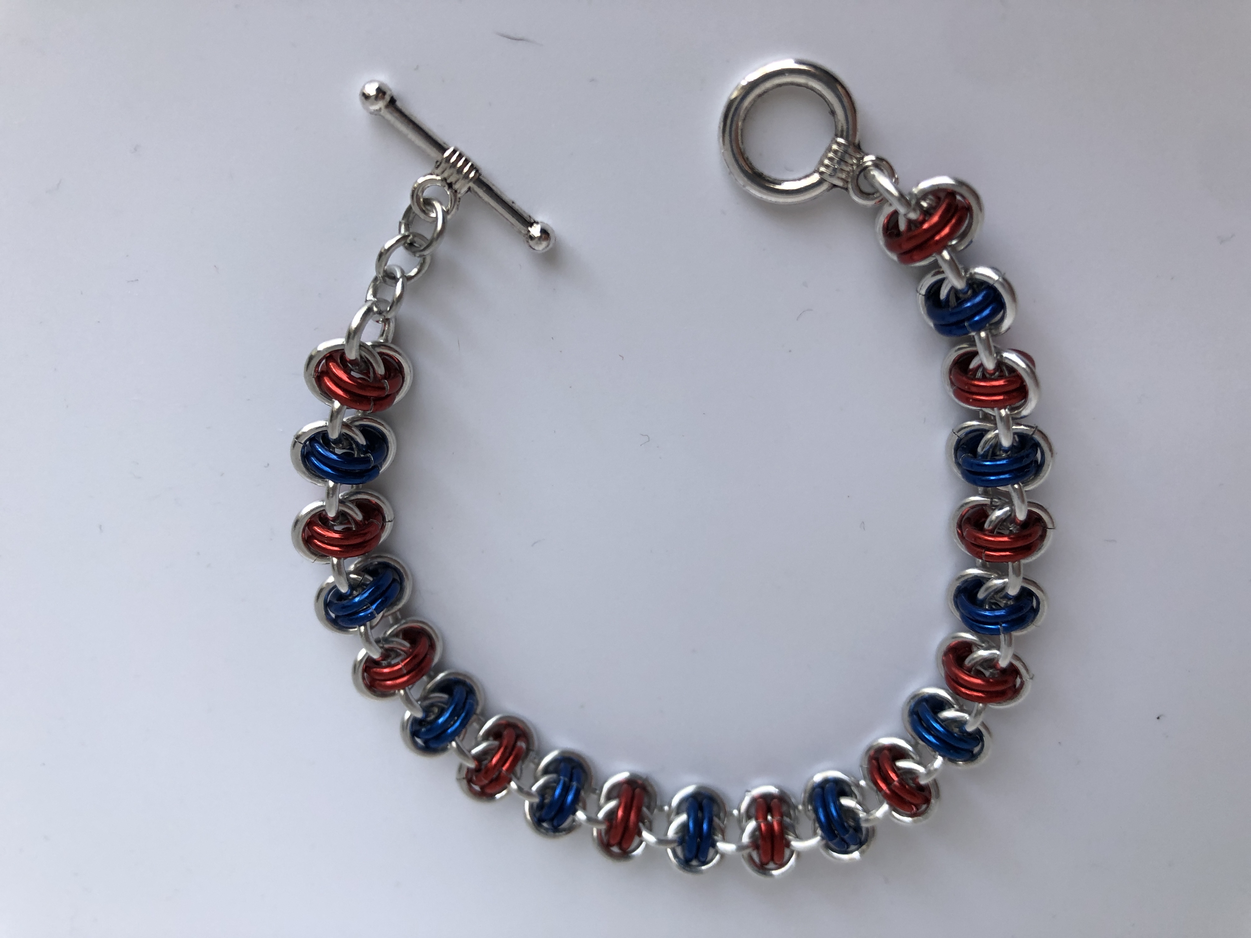Red and Blue Barrel Weave Chainmaille Bracelet