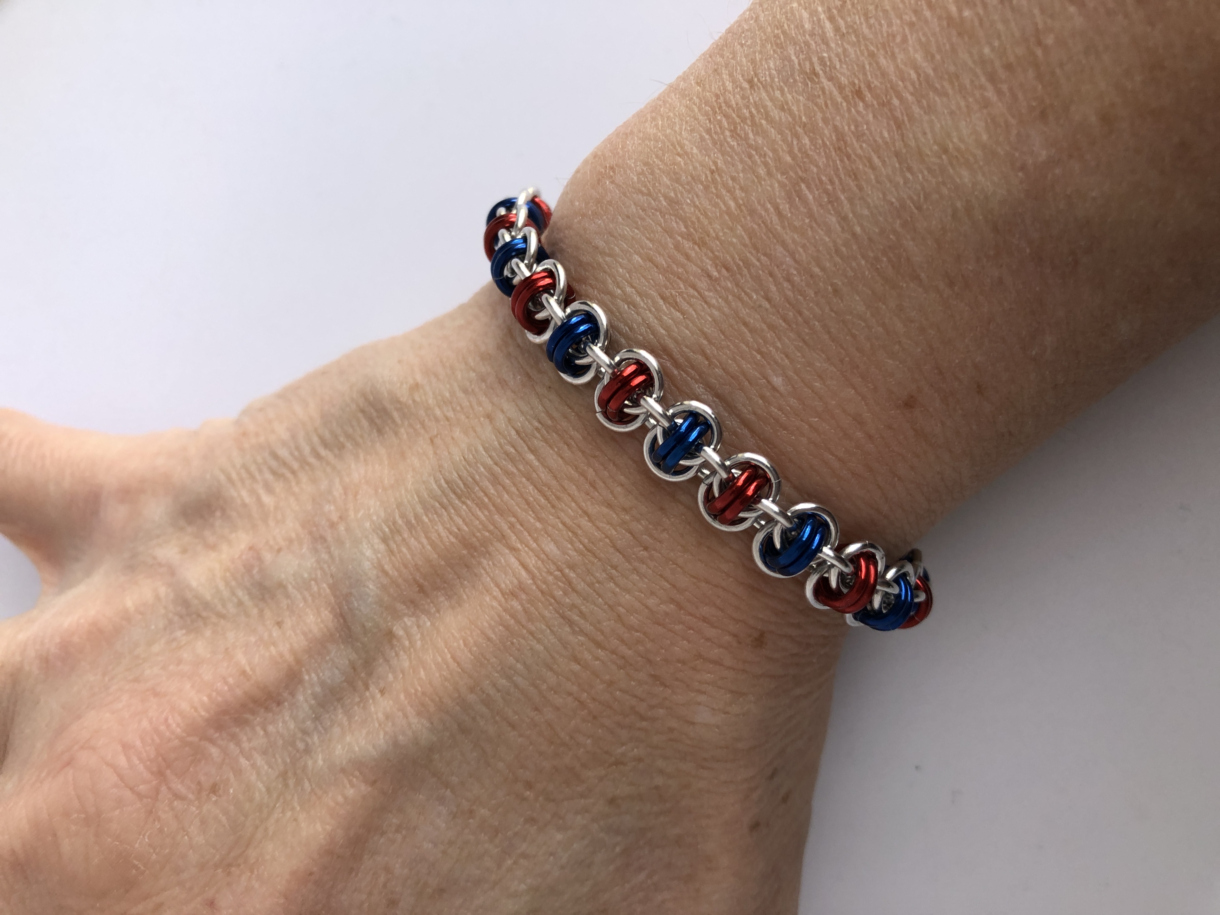 Red and Blue Barrel Weave Chainmaille Bracelet
