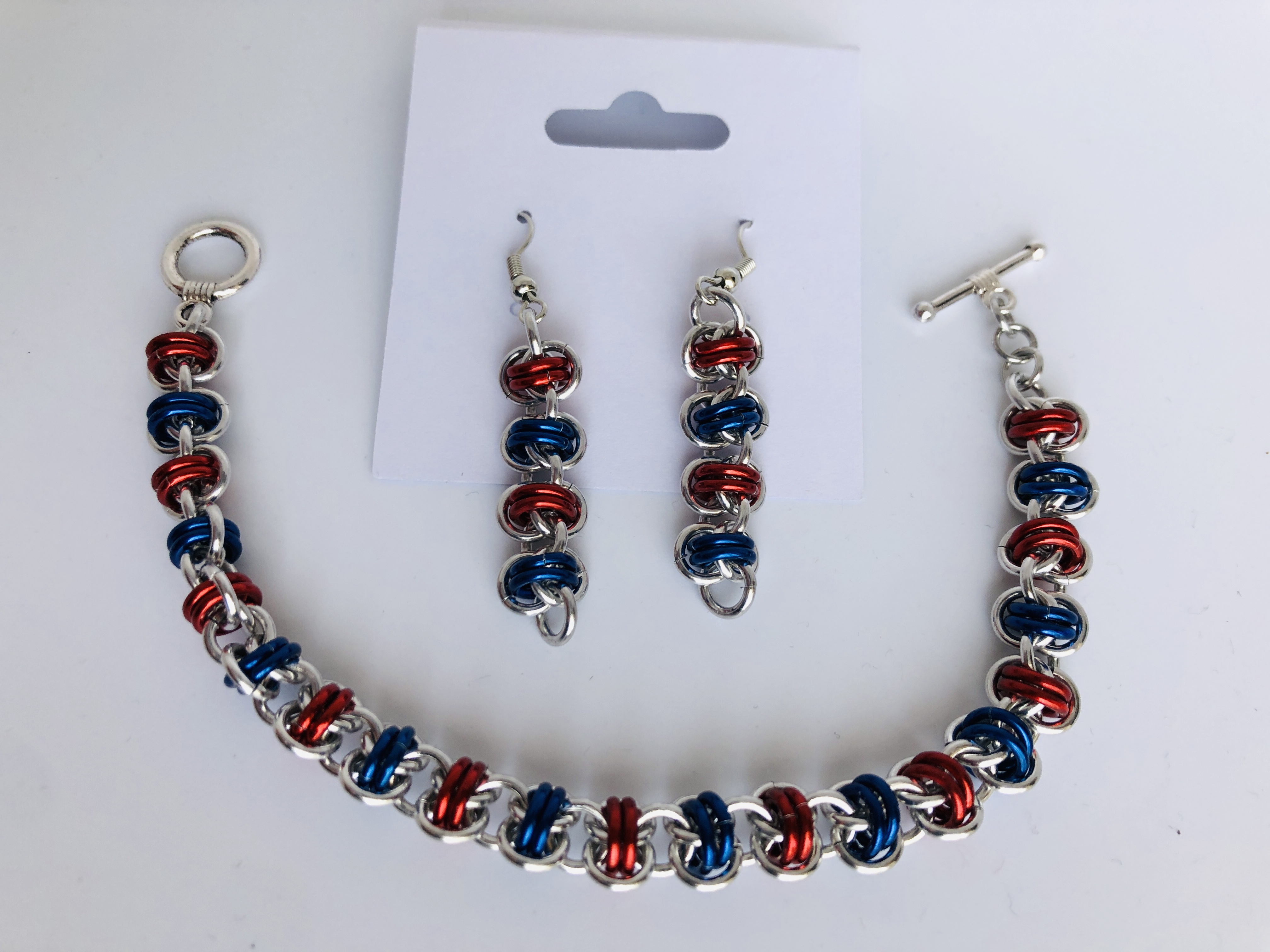 Red and Blue Barrel Weave Chainmaille Bracelet