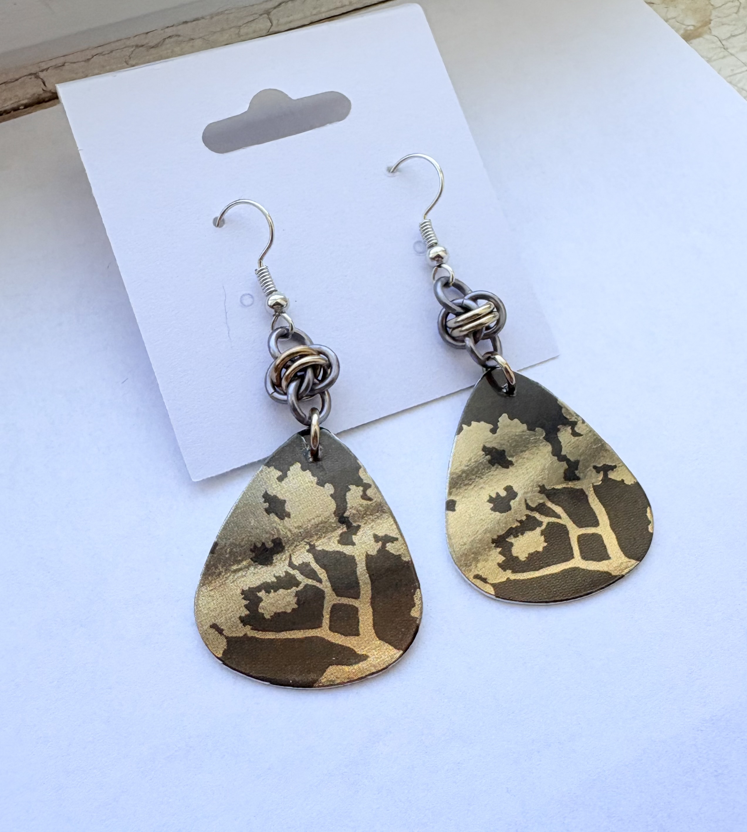 Dark Grey and Champagne Oriental Bonsai Teardrop Earrings v2