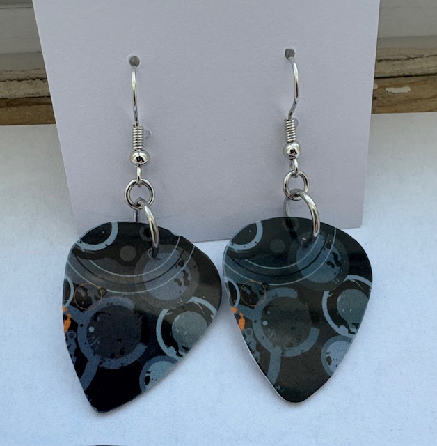 Black and Grey Abstract Circles Guitar Pick Earrings 