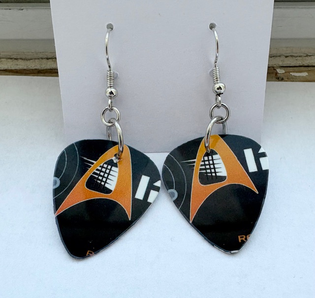 Black and Orange Abstract Guitar Pick Earrings 