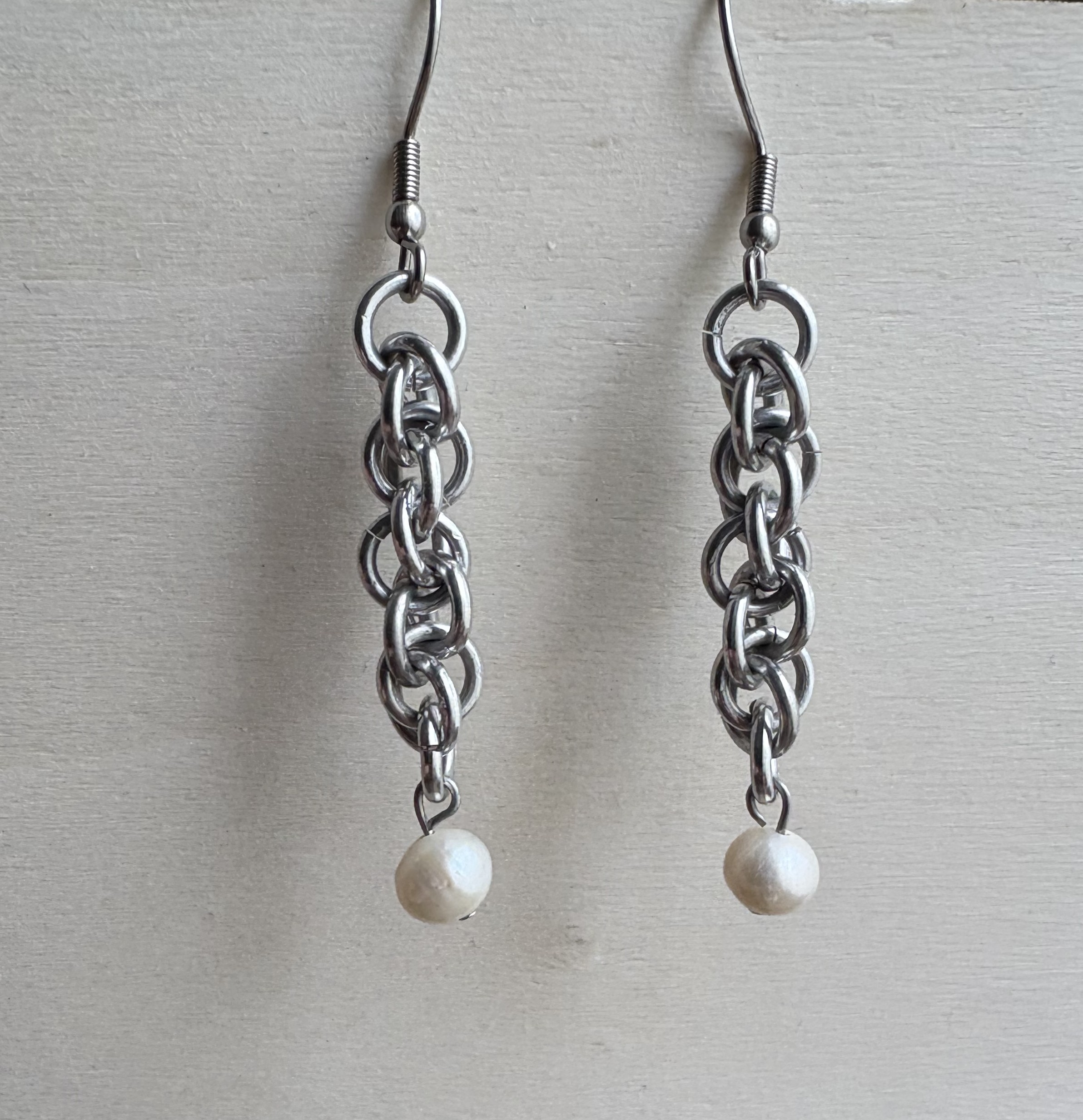 Loose Spiral Chainmaille and Pearl Charm Earrings
