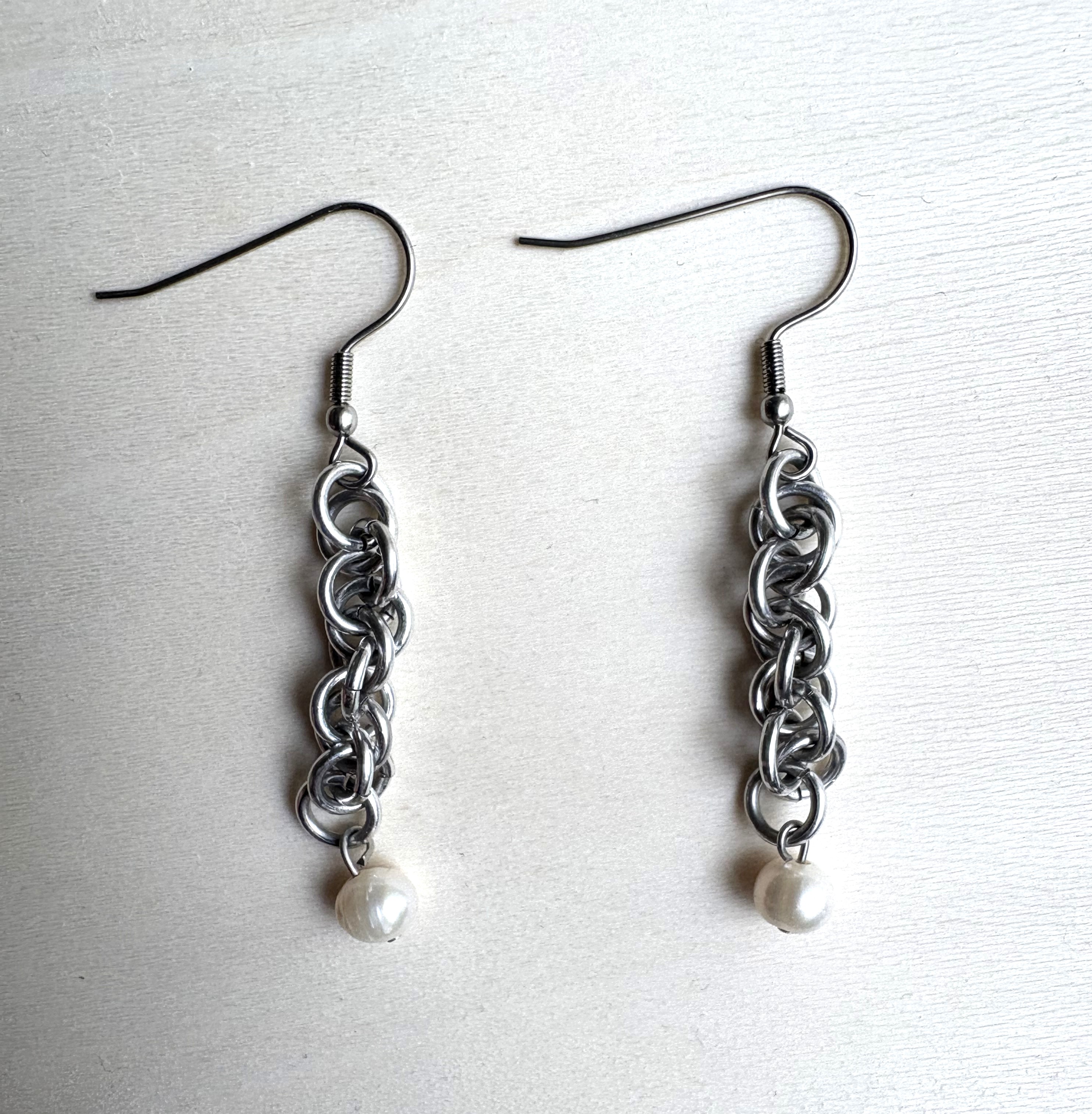 Loose Spiral Chainmaille and Pearl Charm Earrings
