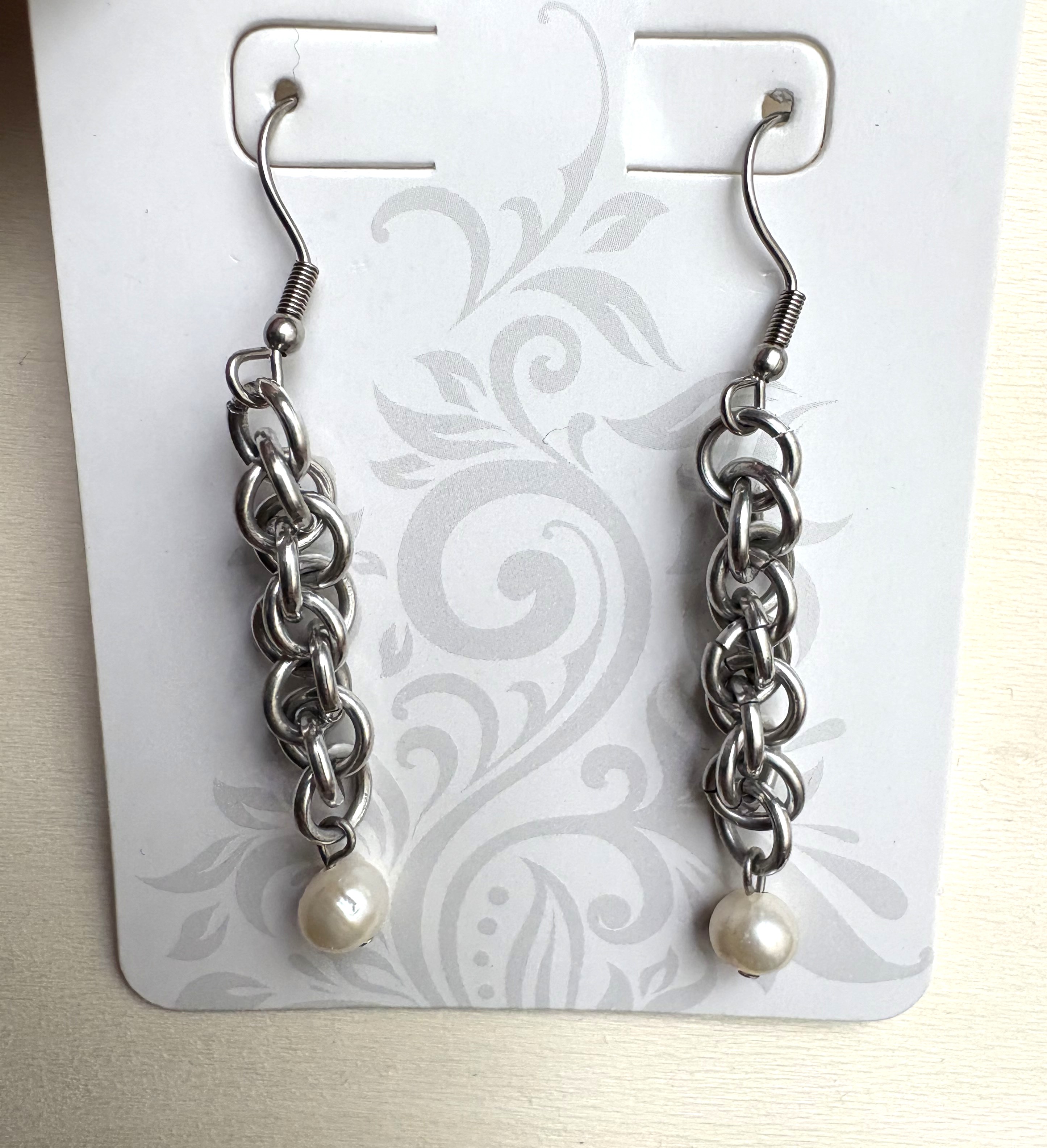 Loose Spiral Chainmaille and Pearl Charm Earrings