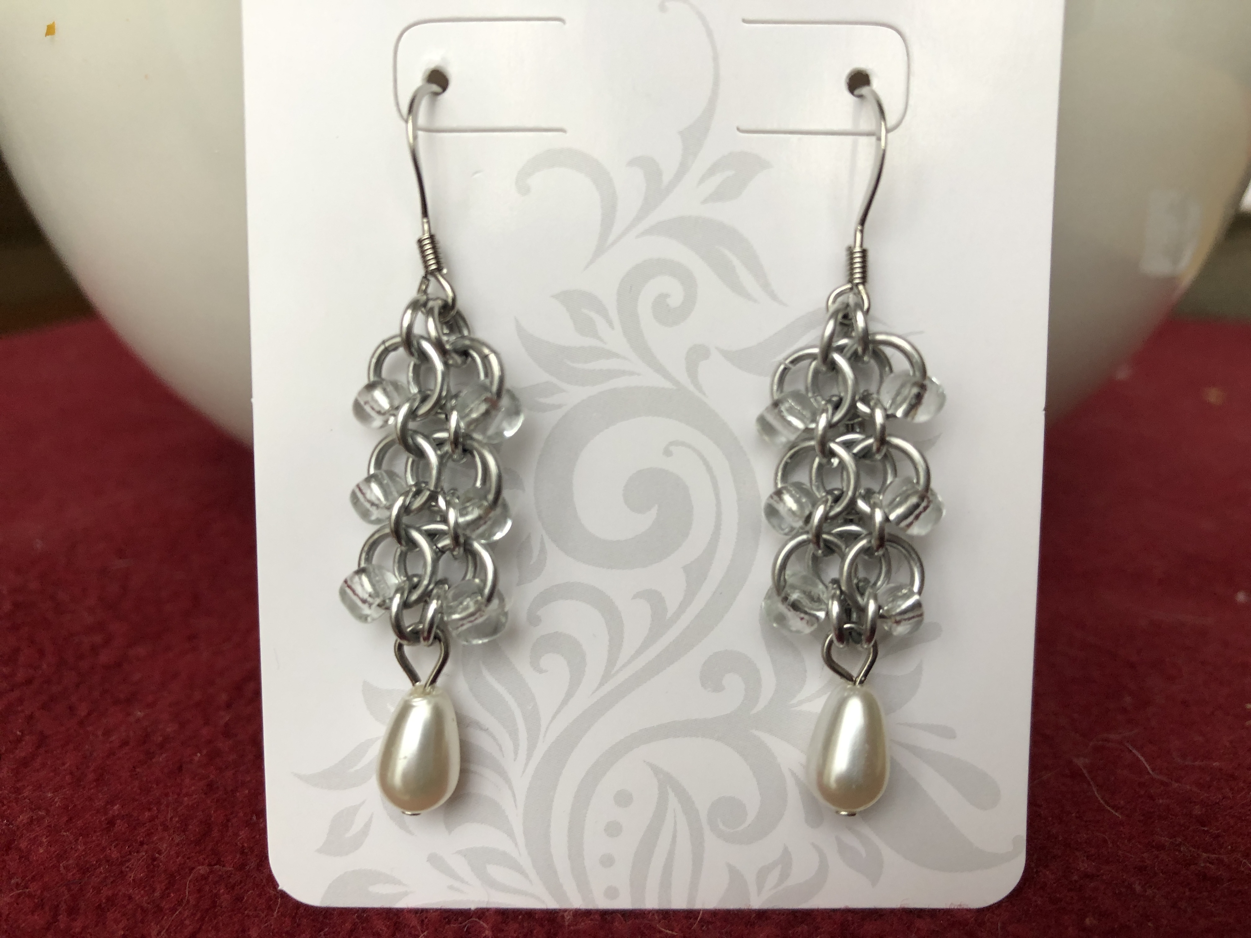 Beaded Chainmaille and Pearl Charm Earrings