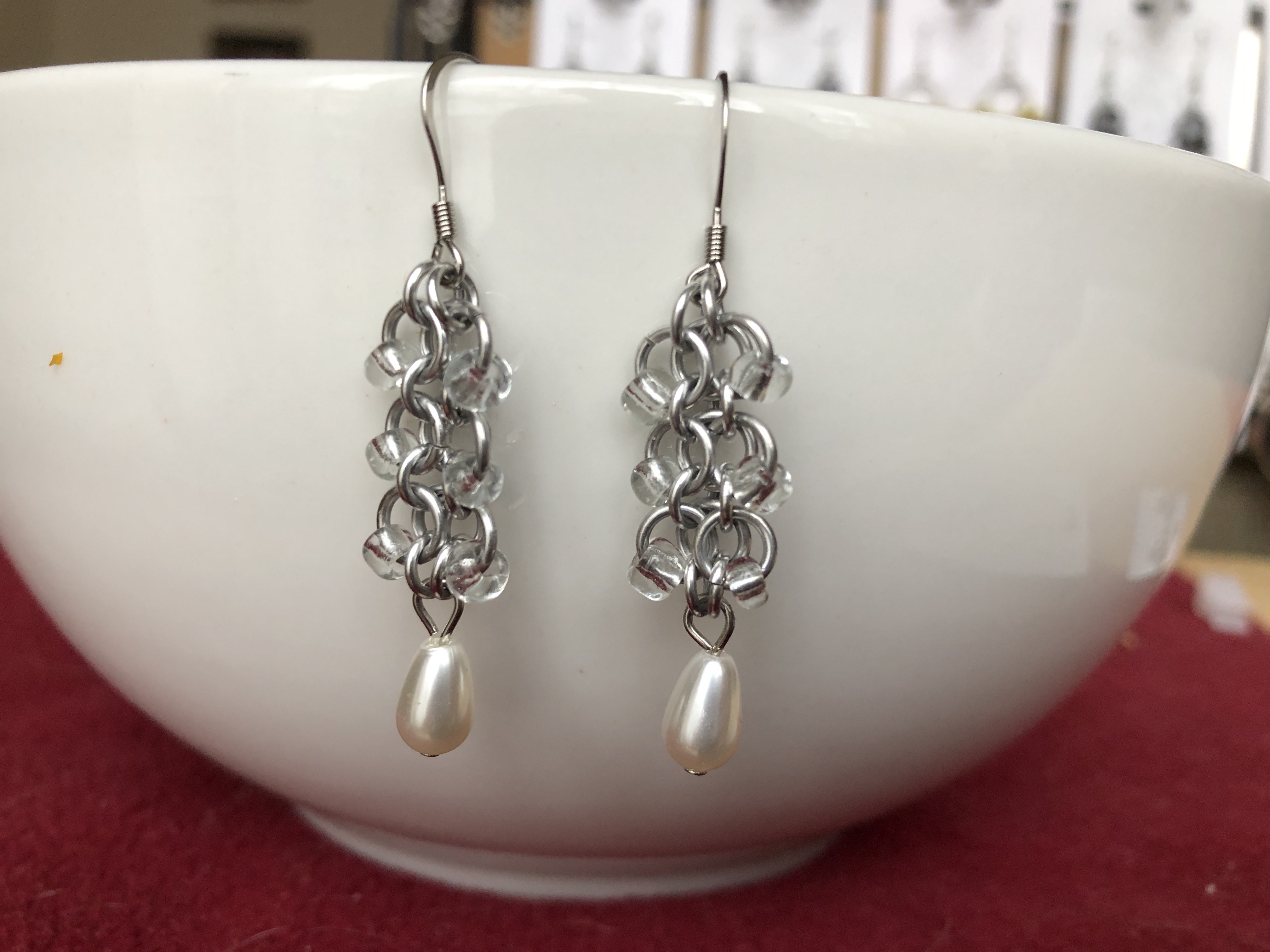 Beaded Chainmaille and Pearl Charm Earrings