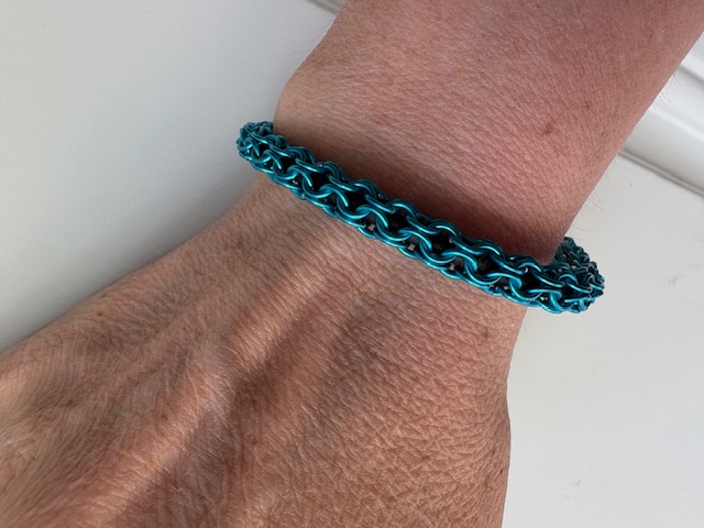 Teal and Leather Box Weave Chainmaille Bracelet, 8"
