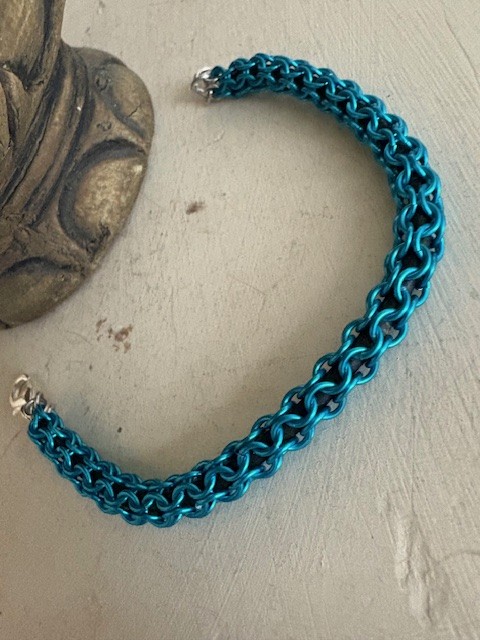 Teal and Leather Box Weave Chainmaille Bracelet, 8"