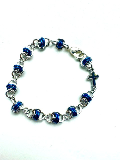 Single Decade Blue Barrel Weave Chainmaille Rosary Bracelet
