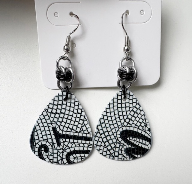 Black and White Mosaic Teardrop Earrings 