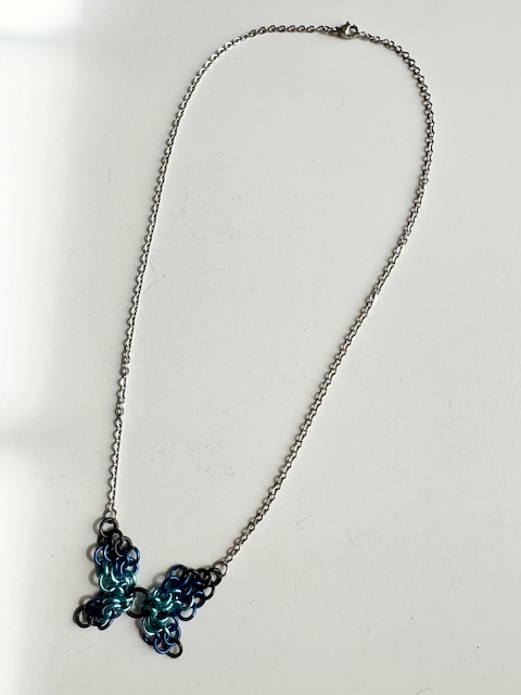 Blue and Black Butterfly Chainmaille Necklace, 18"