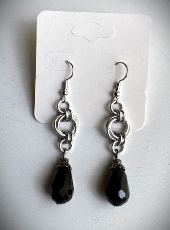 Black Beaded Chainmaille Rosette Drop Earrings